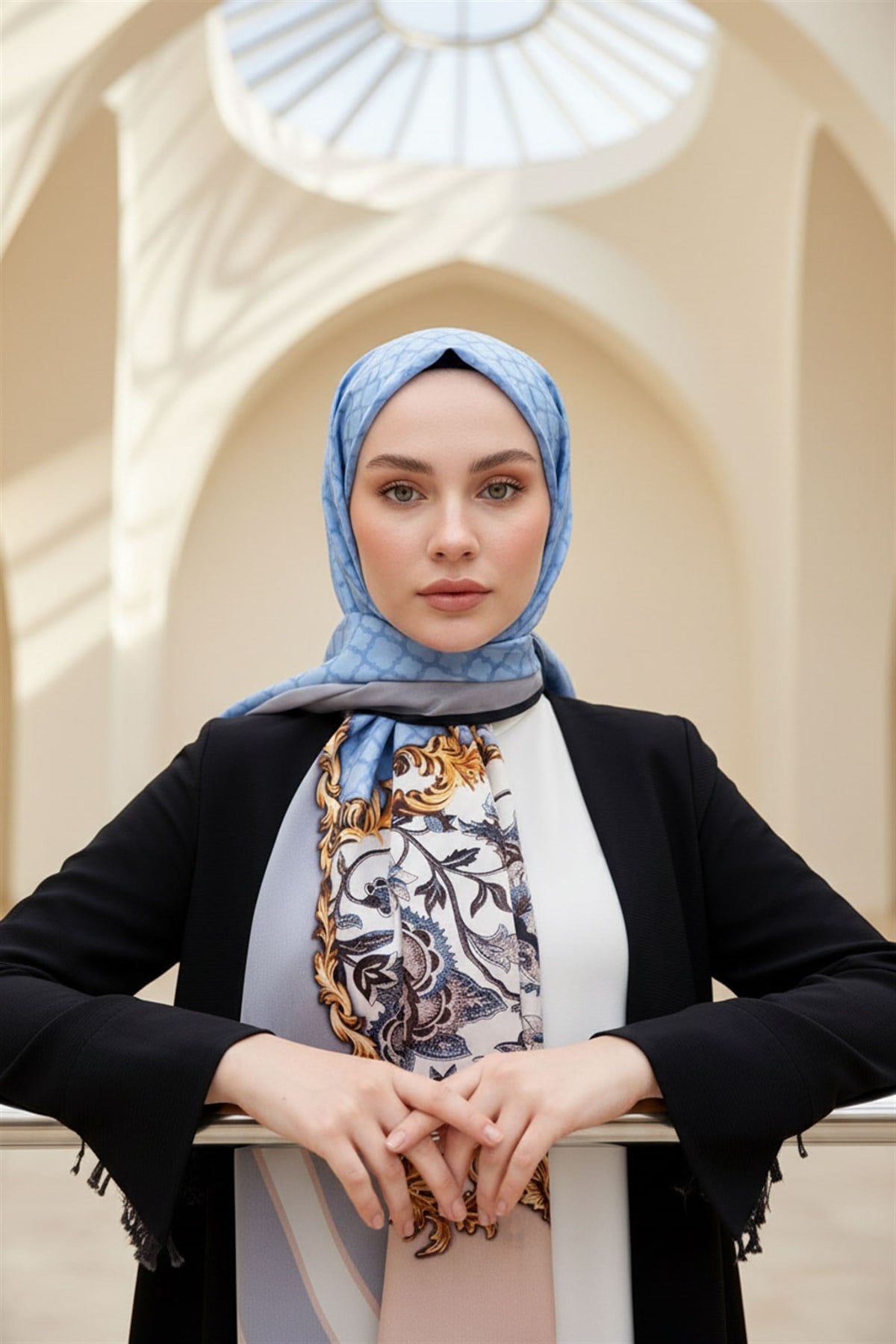 %100 Saf İpek Şal İnce Saten Vual Dokuma Dokuma Çiçek Desenli Bebe Mavisi - Gri Renkli 90x210 Şal