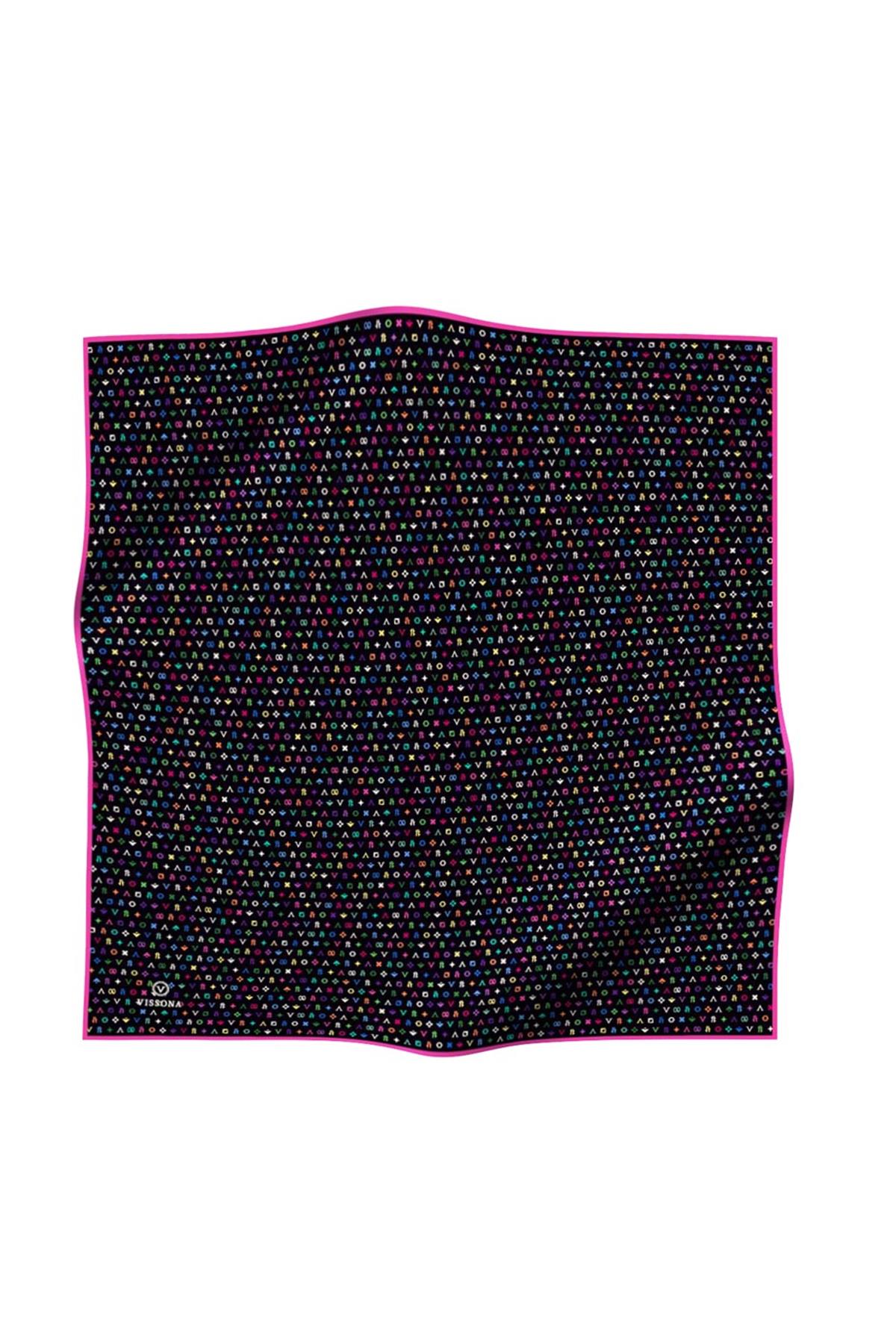 %100 Twill İpek Çıtır Motif Desenli Siyah - Fuşya Renkli 90x90 Eşarp Dikim Şekli : El Dikişi