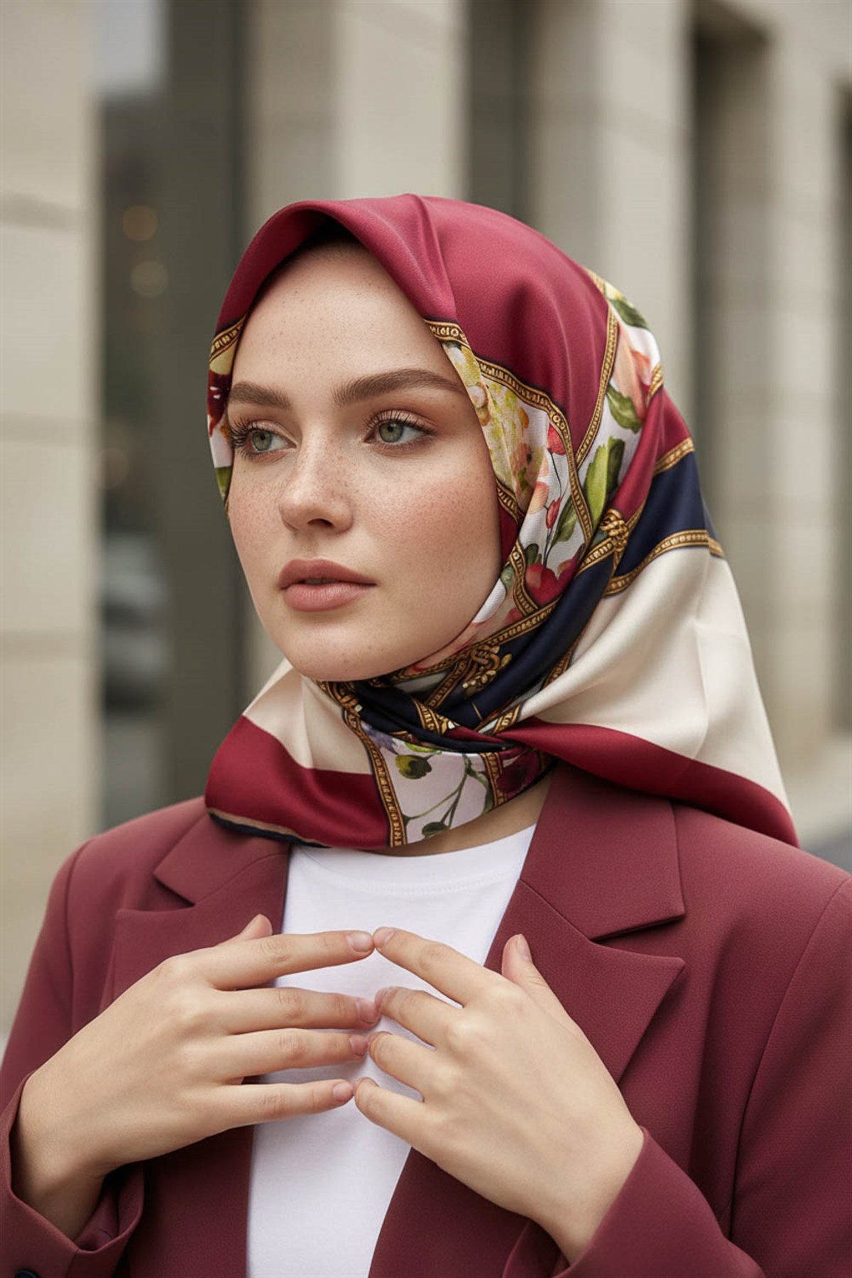 100% Twill İpek Şeritli Çiçek Desenli Bordo - Lacivert Renkli 90x90 Dikim Şekli : El Dikişi Eşarp