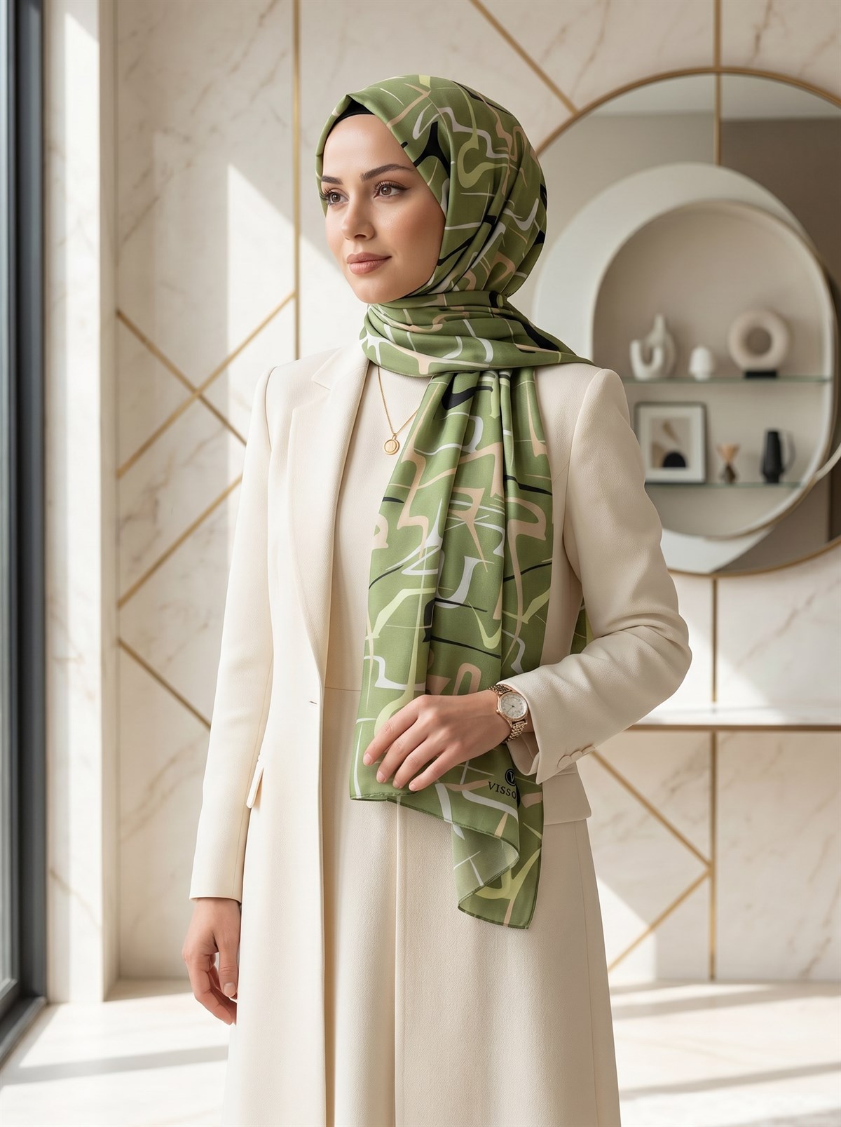 %100 Saf İpek Şal İnce Saten Vual Dokuma Çizgili Desenli Haki Renkli 90x210 Şal