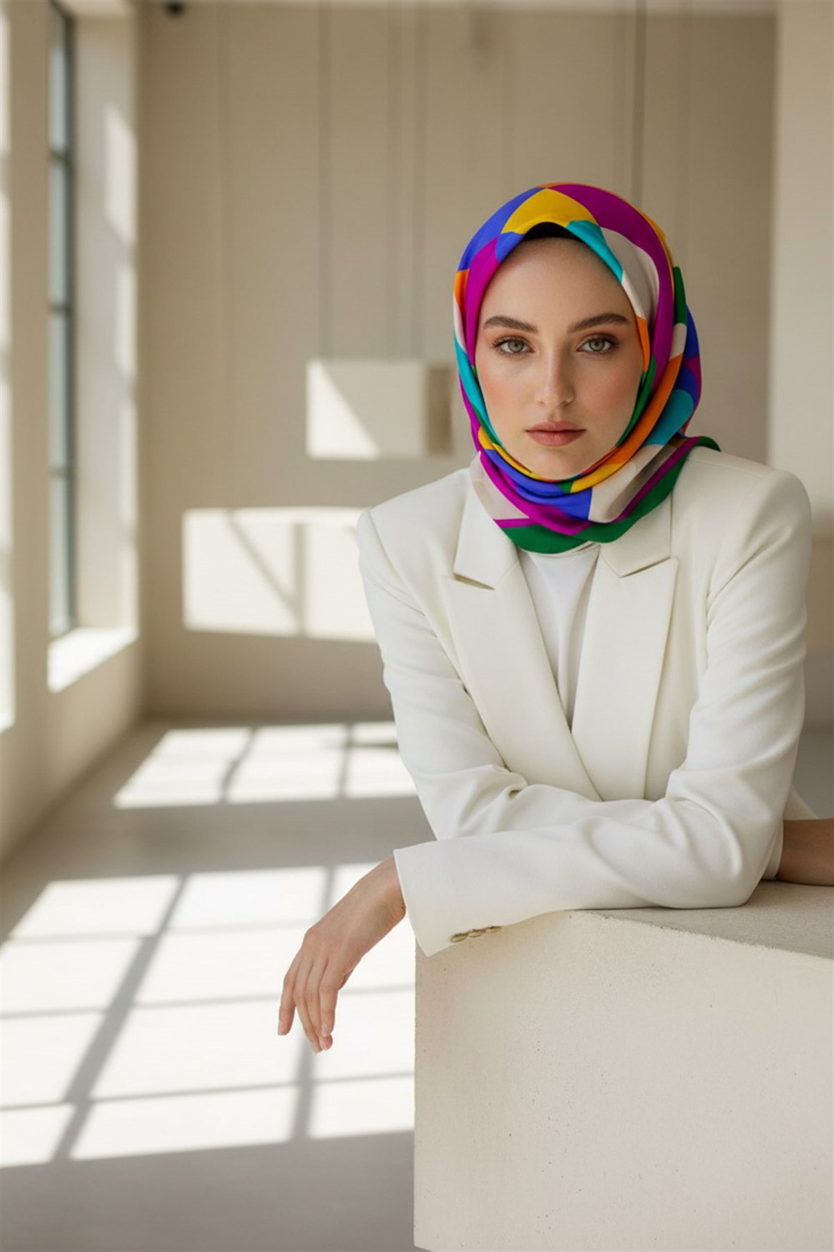 %100 Twill Renk Bloklu Çizgili Desenli Zümrüt Yeşili - Taba Renkli 90x90 Eşarp Dikim Şekli: El Dikişii