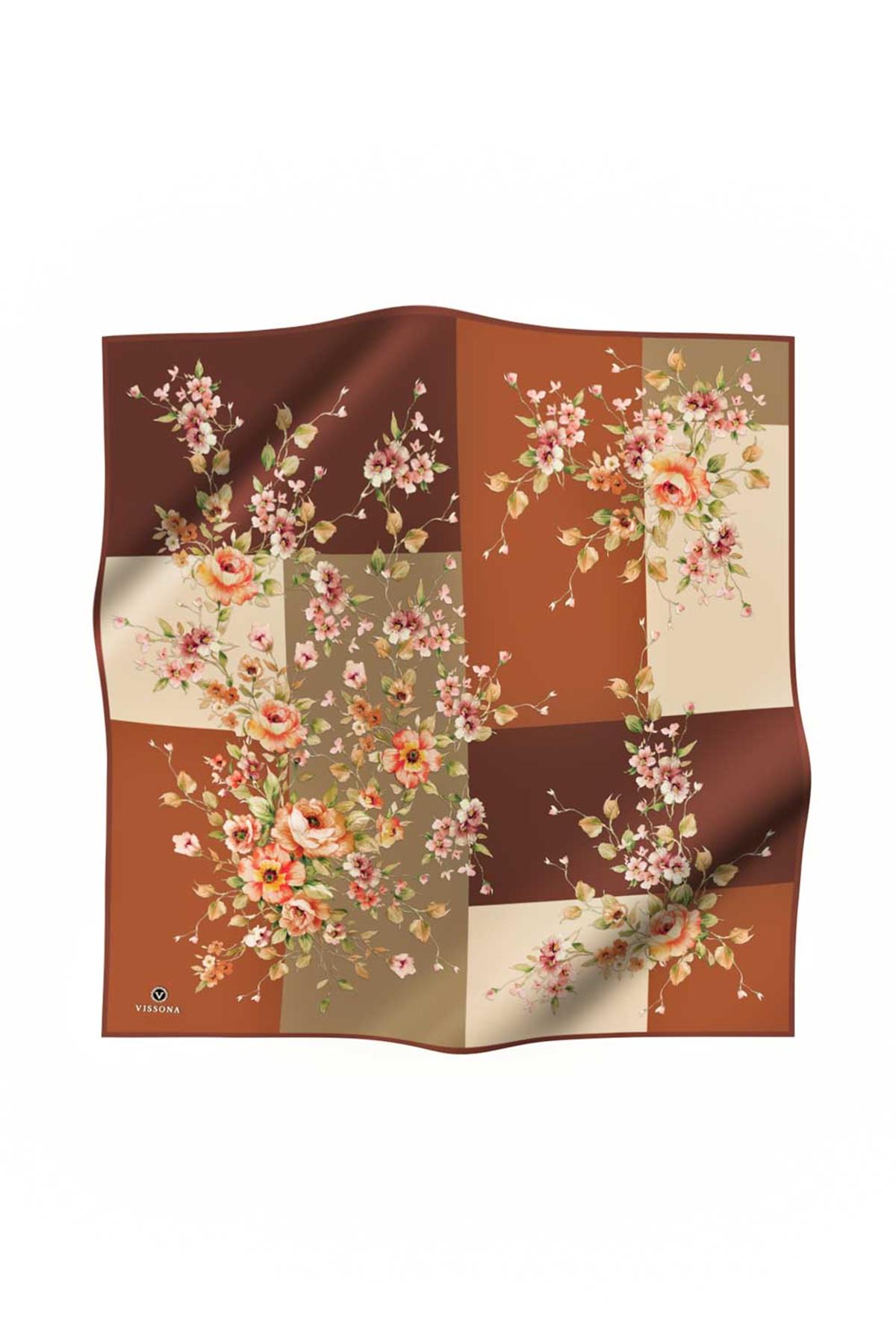 %100 Twill İpek Geometrik Ve Çiçek Desenli Taba Renkli 90x90 Eşarp Dikim Şekli : El Dikişi