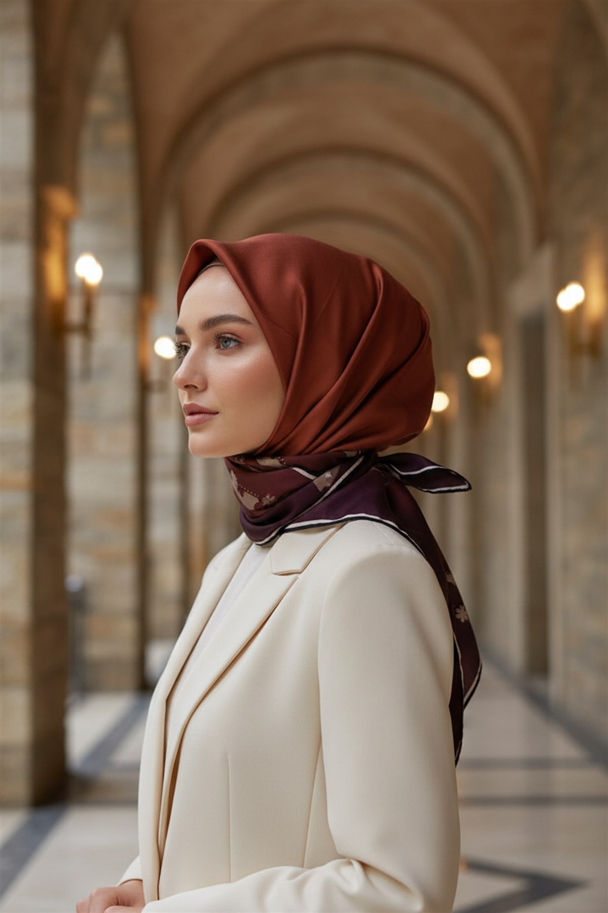 %100 Twill İpek Kenar Motifi Çiçek Desenli Taba - Siyah Renkli 90x90 Eşarp Dikim Şekli : El Dikişi