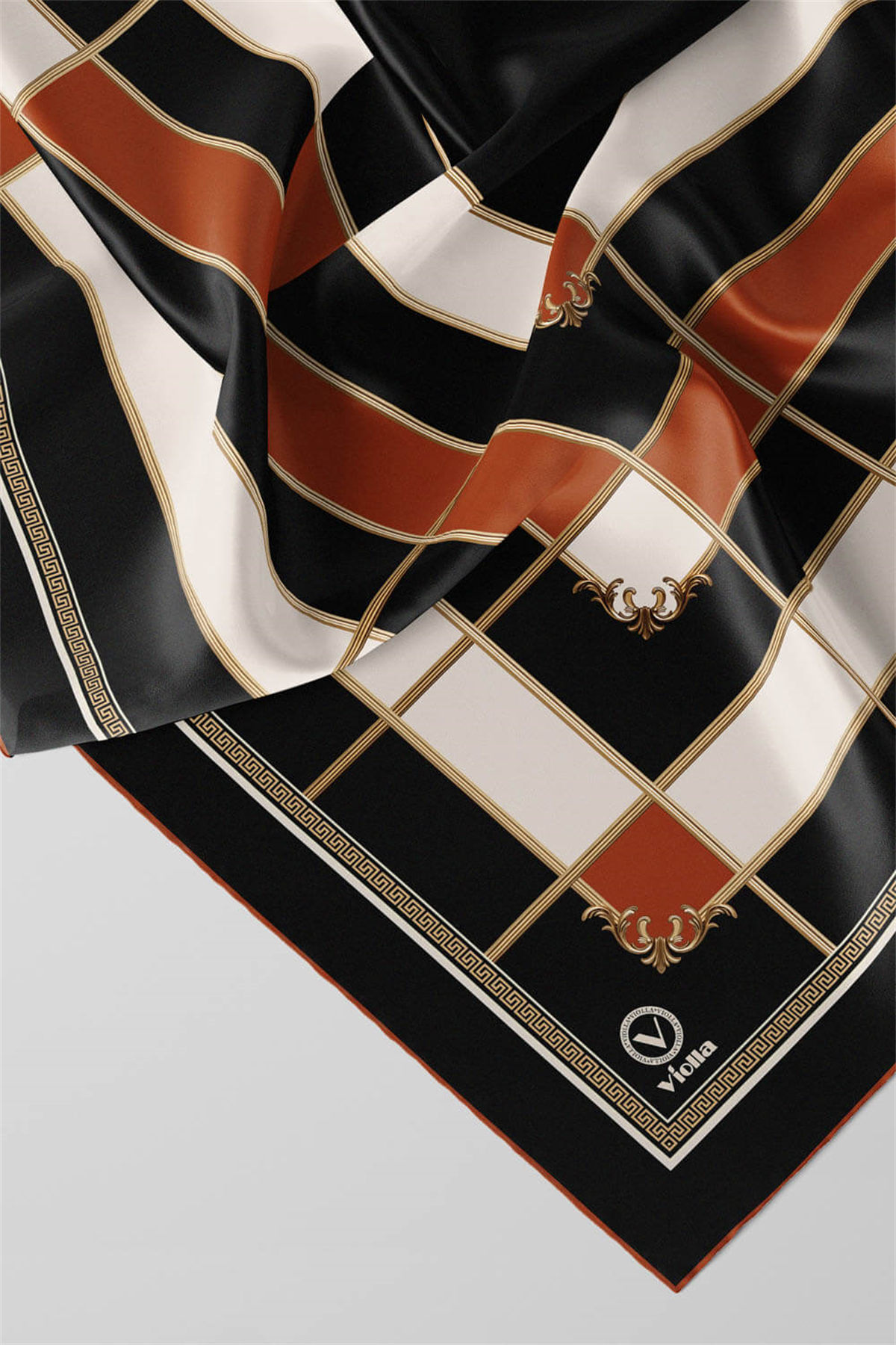 Twill Gold Detaylı Kareli Desenli Taba Renkli 90x90 Eşarp (İpek İçermez) Kenar Dikiş Şekli El Dikişli