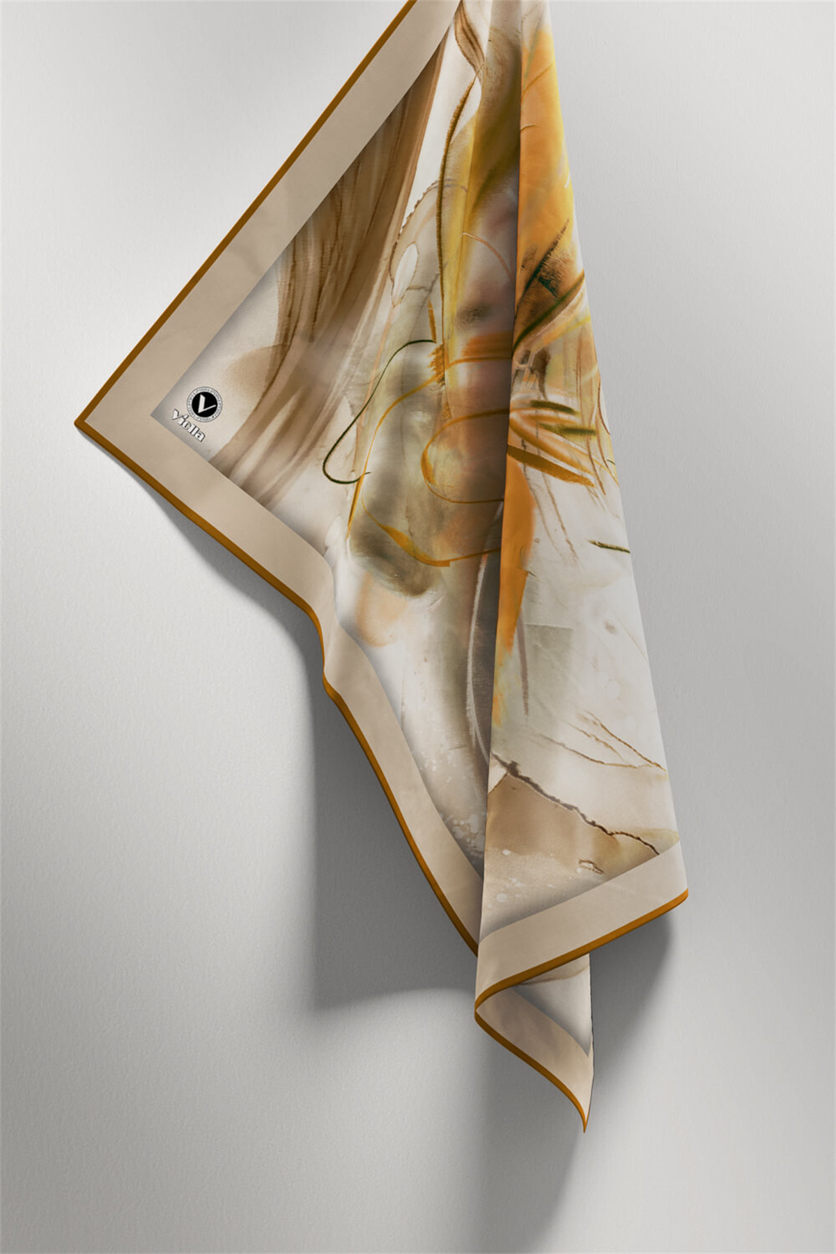 Twill Çiçek Tablo Desenli Hardal Renkli 90x90 Eşarp (İpek İçermez) Kenar Dikiş Şekli El Dikişli