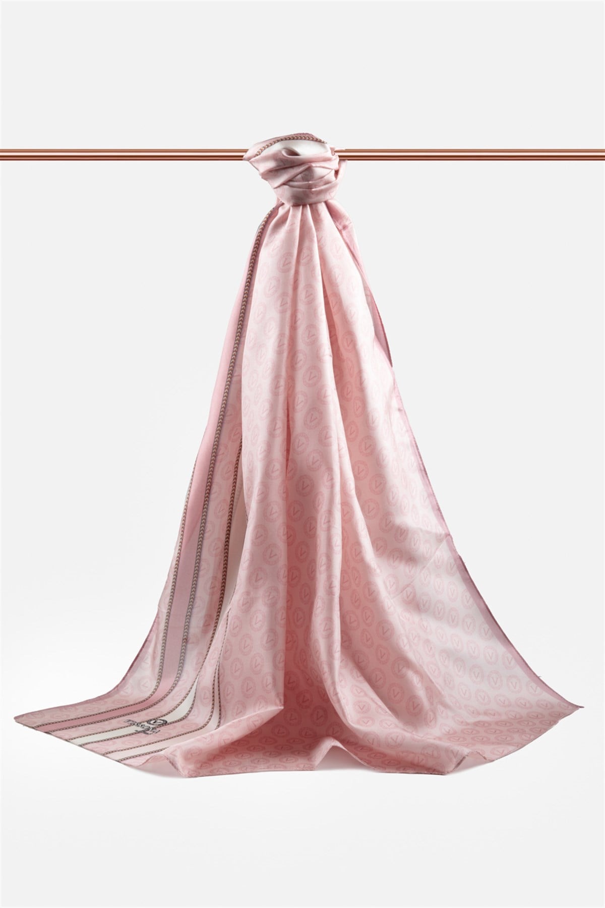 %100 İpek Monogram Desenli Pudra - Krem Renkli 92x210 Şal