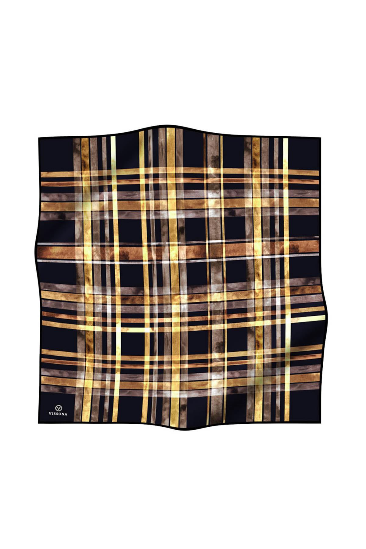 %100 Twill İpek Ekose Desenli Siyah - Gold  Renkli 90x90 Eşarp Kenar Dikiş Şekli El Dikişli