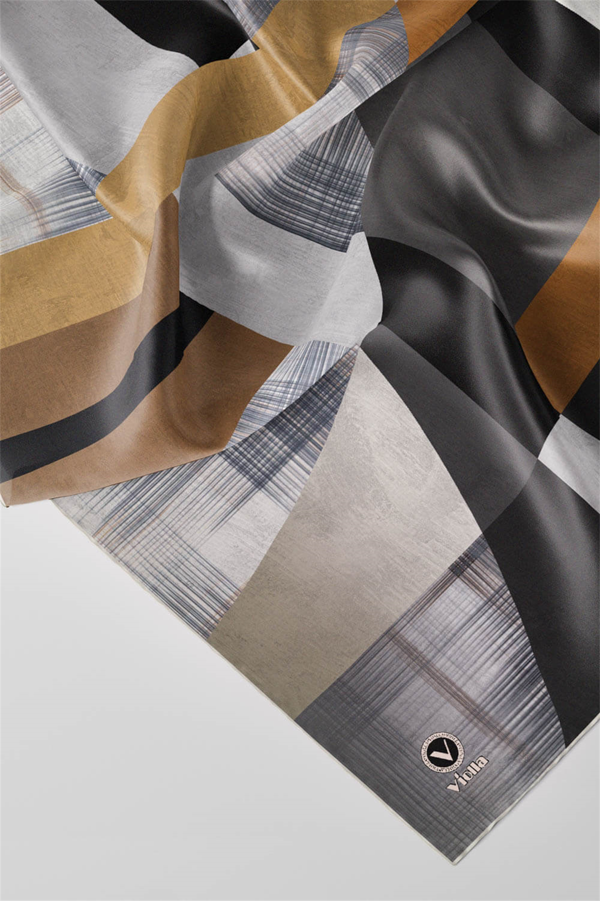 Twill Geometrik Desenli Gri Renkli 90x90 Eşarp (İpek İçermez) Kenar Dikiş Şekli El Dikişli