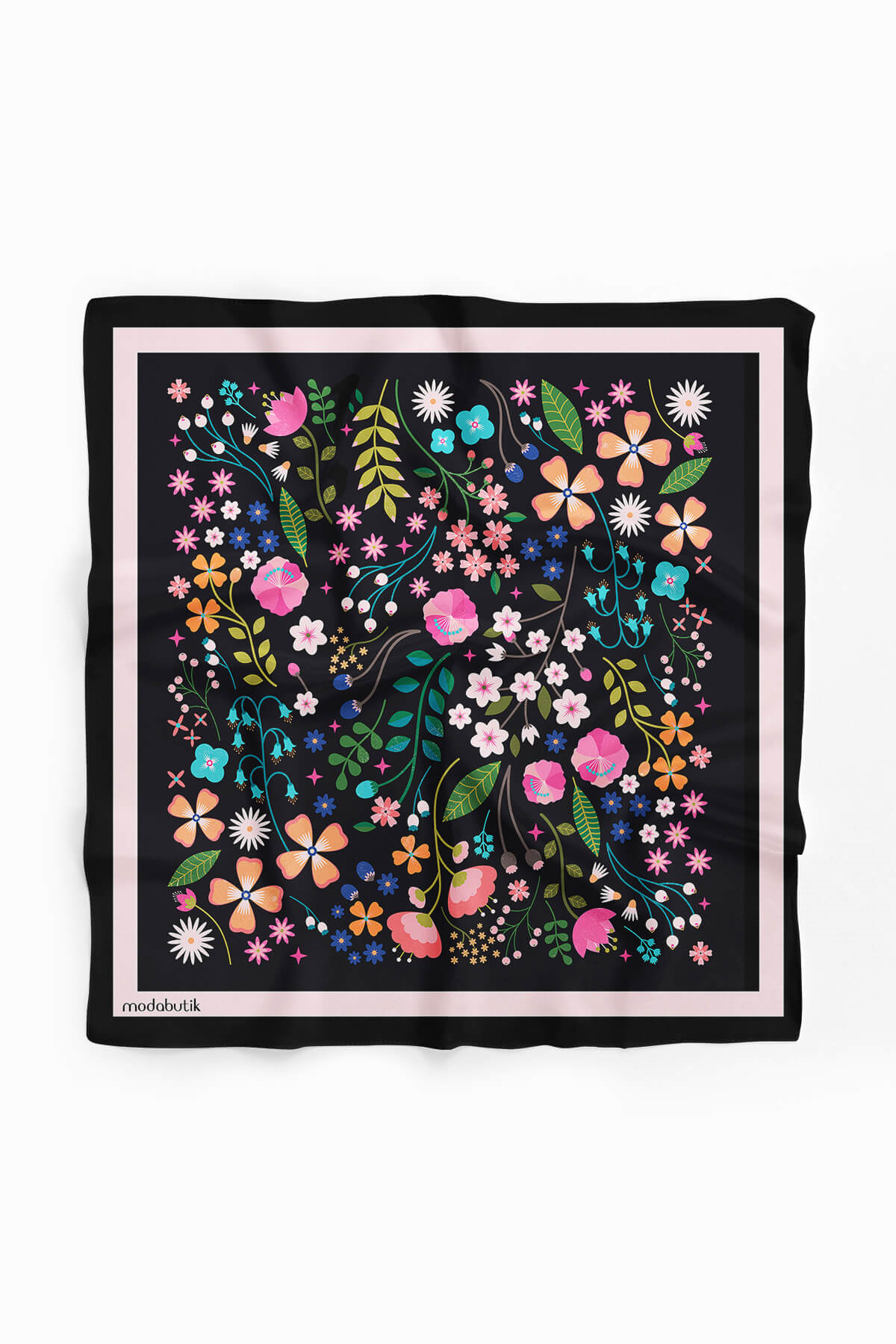 Kadın Siyah Pembe Çiçek Desenli 50x50 Bandana HYL DG01696-22