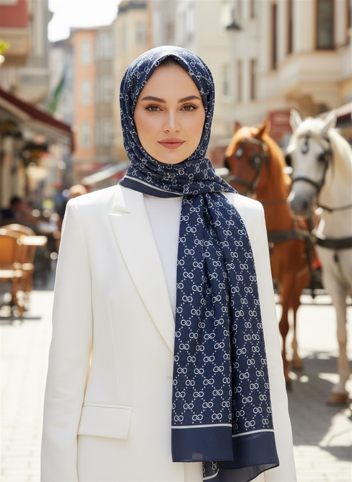 %100 İpek Minik Motif Desenli Lacivert - Krem Renkli 92x210 Şal