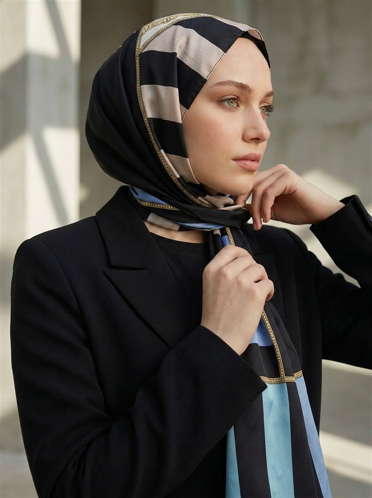 %100 Saf İpek Şal İnce Saten Vual Dokuma Şerit Ve Varak Desenli Su Yeşili - Bebe Mavisi Renkli 90x210 Şal