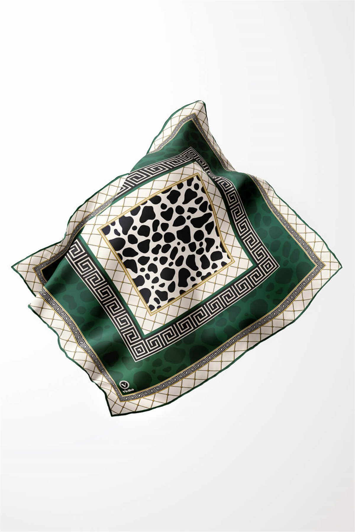 Twill Taş Desenli Zümrüt Yeşili Renkli 90x90 Eşarp (İpek İçermez) Kenar Dikiş Şekli El Dikişli