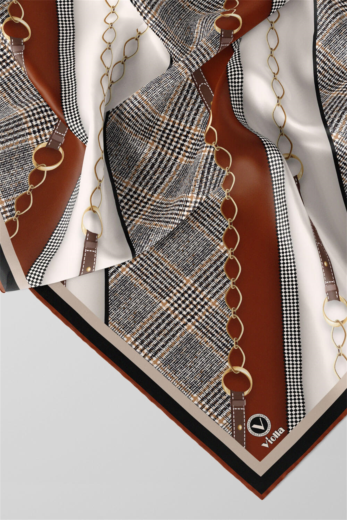 Twill Kemer Desenli Taba Renkli 90x90 Eşarp (İpek İçermez) Kenar Dikiş Şekli El Dikişli