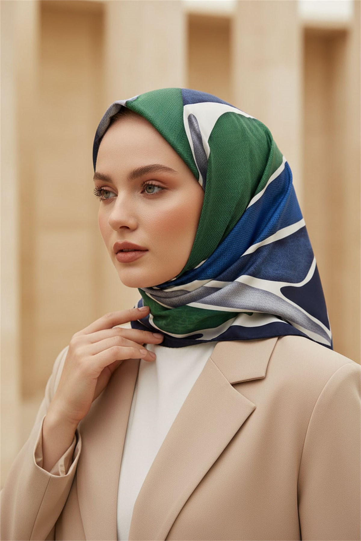 %100 Twill İpek Eşarp 90x90 Soyut Dalga Desenli El Dikişli Kadın Eşarp