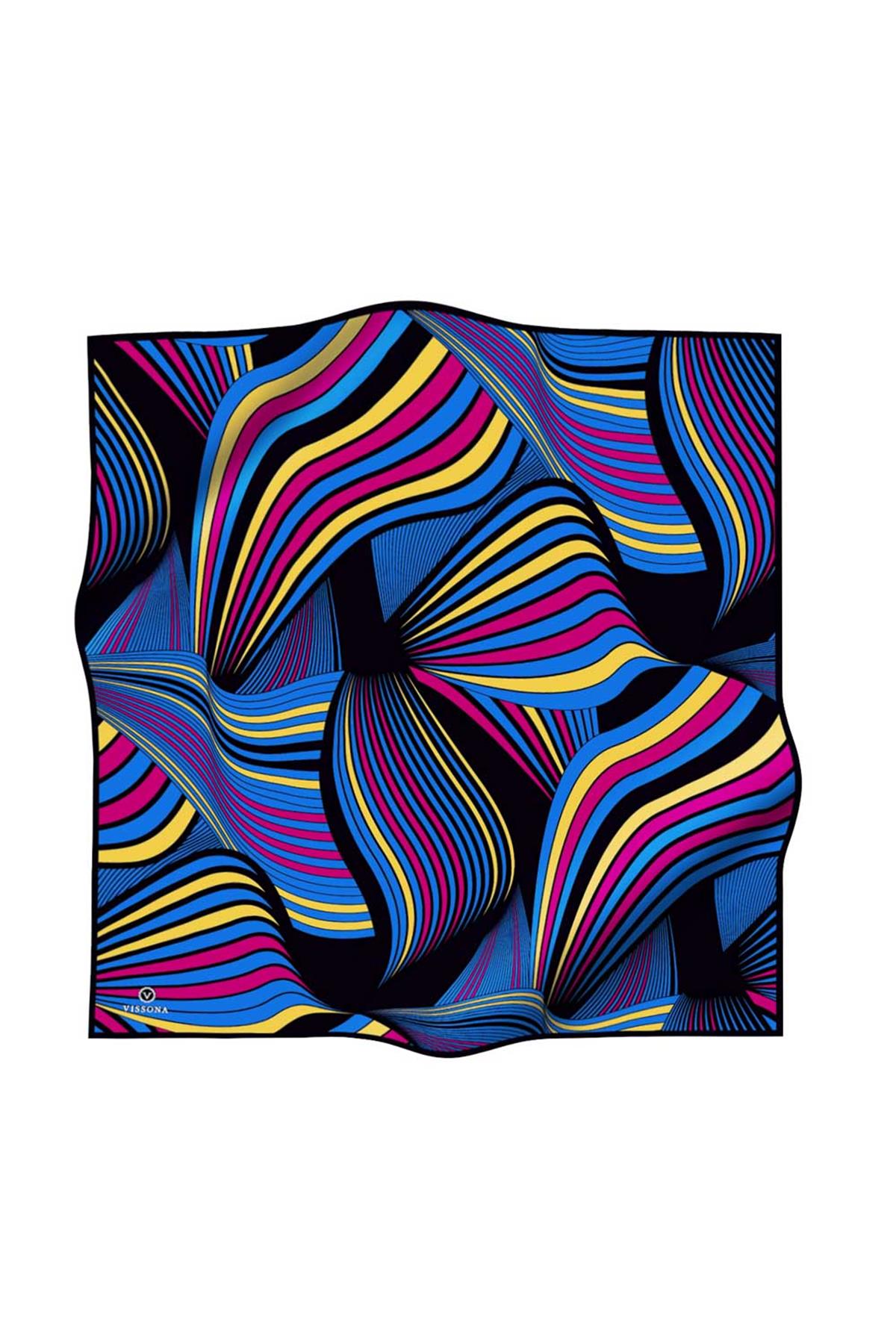 %100 Twill İpek Okyanus Dalgası Desenli İndigo - Fuşya Renkli 90x90 Eşarp Kenar Dikiş Şekli El Dikişli