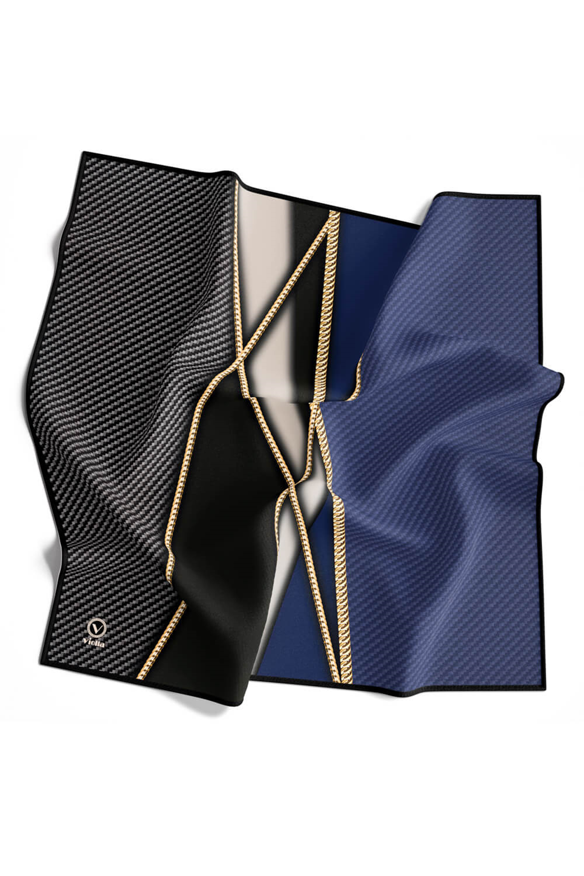 Rayon Gold Detaylı Geometrik Desenli İndigo Renkli 90x90 Eşarp (İpek İçermez) Kenar Dikiş Şekli El Dikişli
