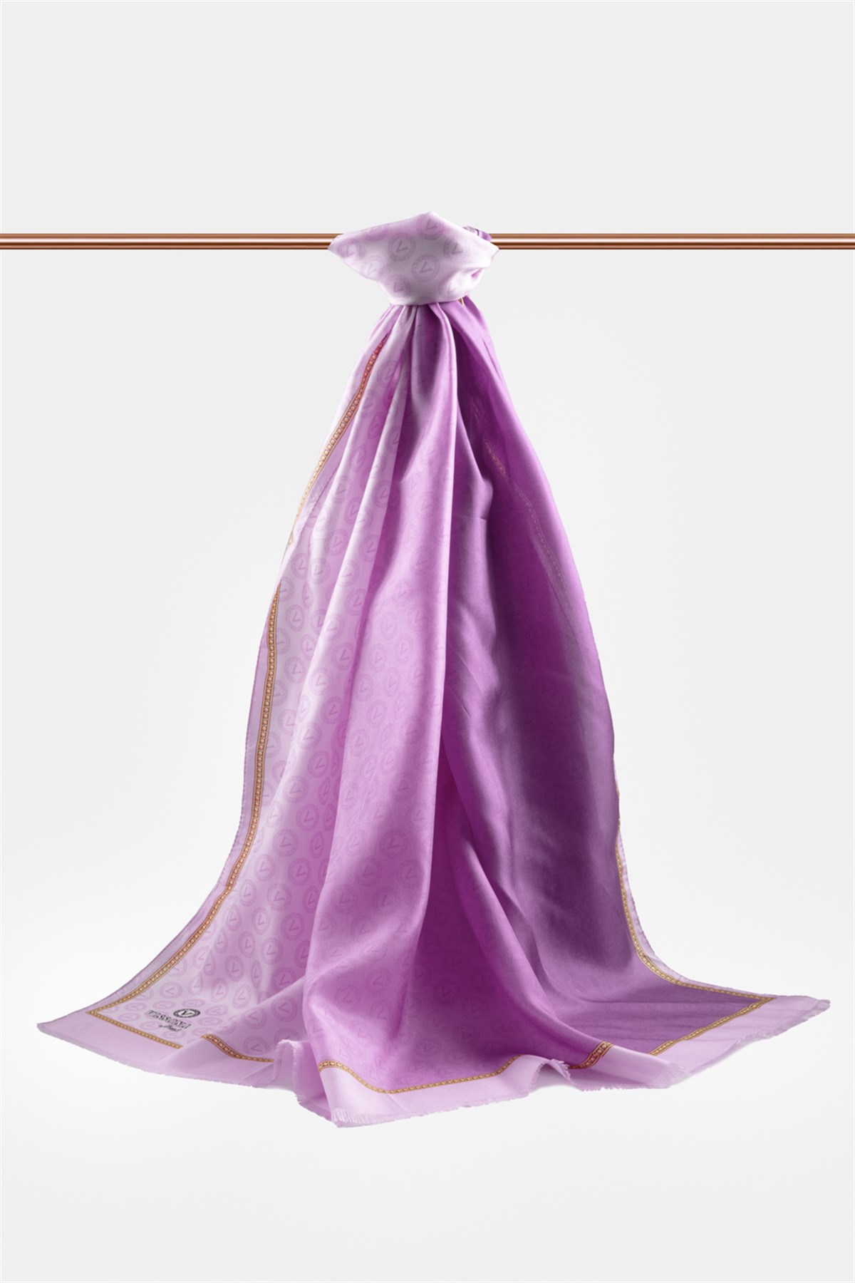 %100 İpek Degradeli Ve Monogram Desenli Pembe - Gold Renkli 92x210 Şal