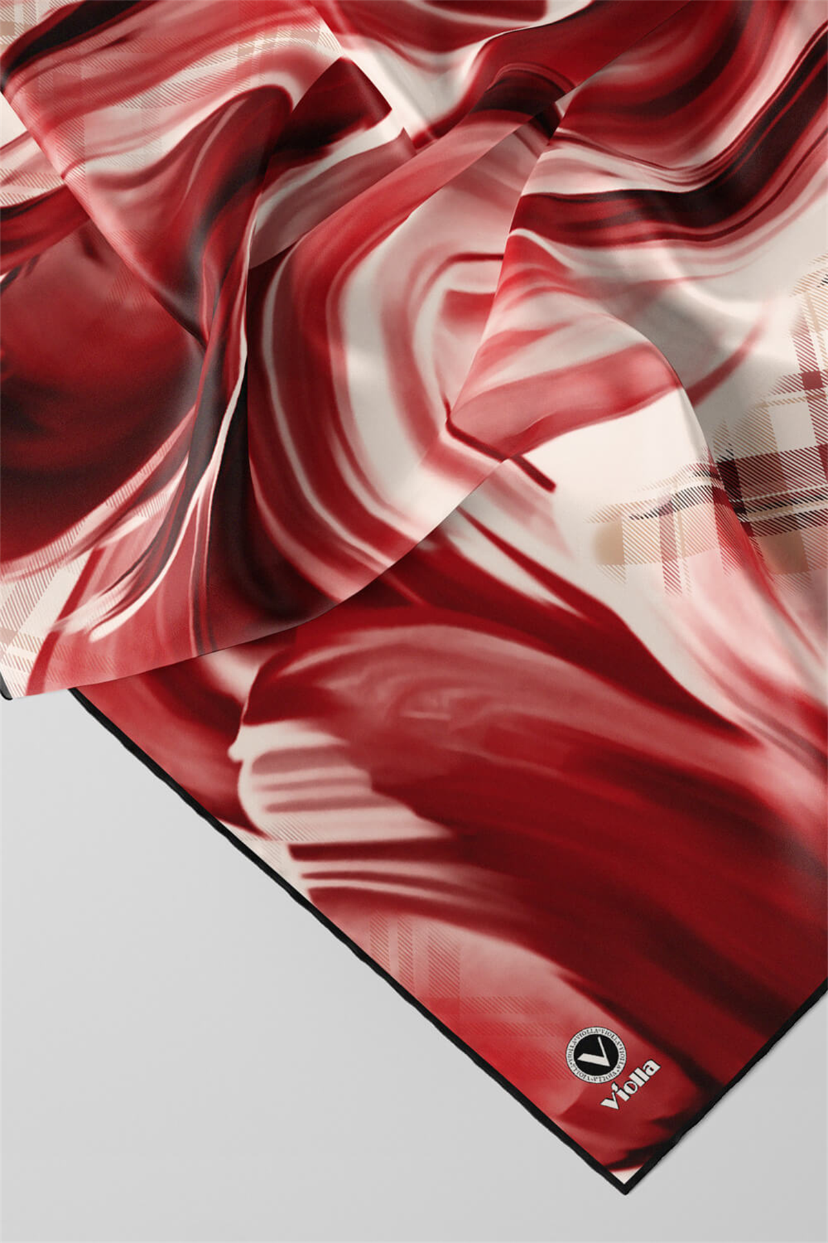 Twill Dalga ve Ekose Desenli Bordo Renkli 90x90 Eşarp (İpek İçermez)Kenar Dikiş Şekli El Dikişli