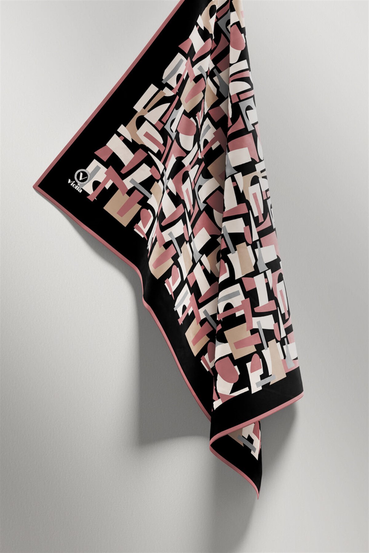 Twill Geometrik Desenli Pudra - Gri Renkli 90x90 Eşarp (İpek İçermez) Dikim Şekli : El Dikişi