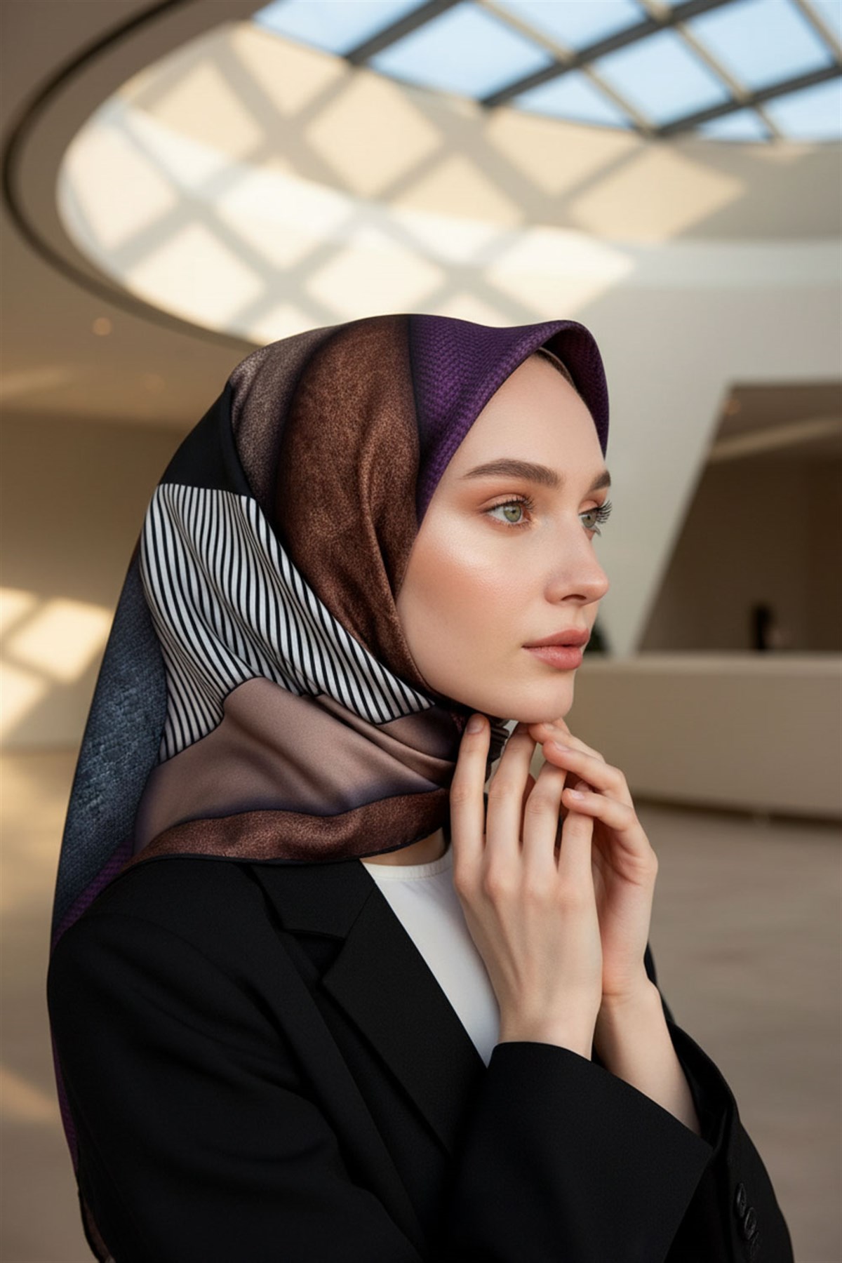 %100 Twill İpek Dokulu ve Geometrik Desenli Mürdüm - Vizon Renkli 90x90 Eşarp Dikim Şekli : El Dikişi
