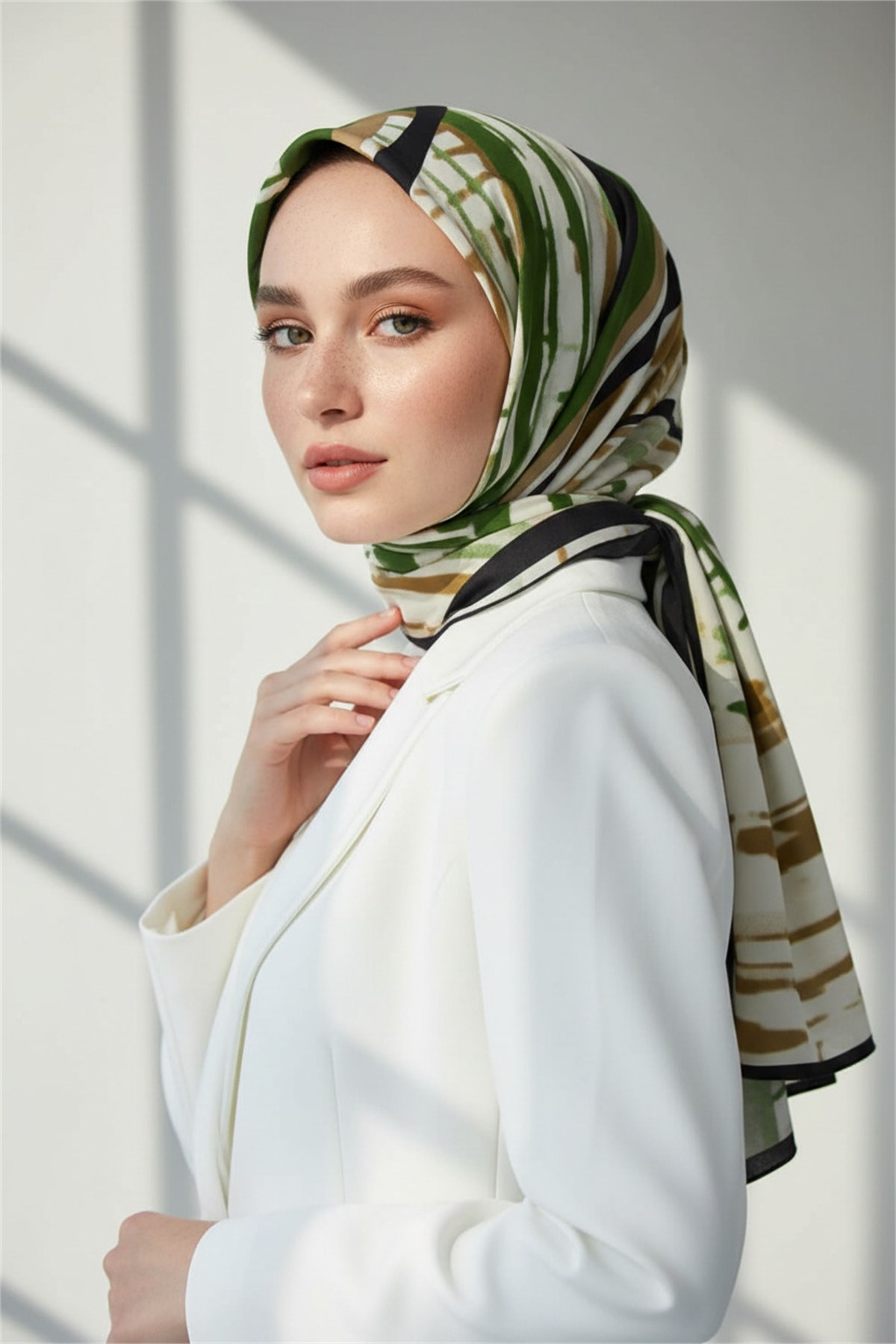 KREP GEOMETRIK DESENLİ ZÜMRÜT YEŞİLİ RENKLİ 75X195 KIRIŞMAZ ŞAL