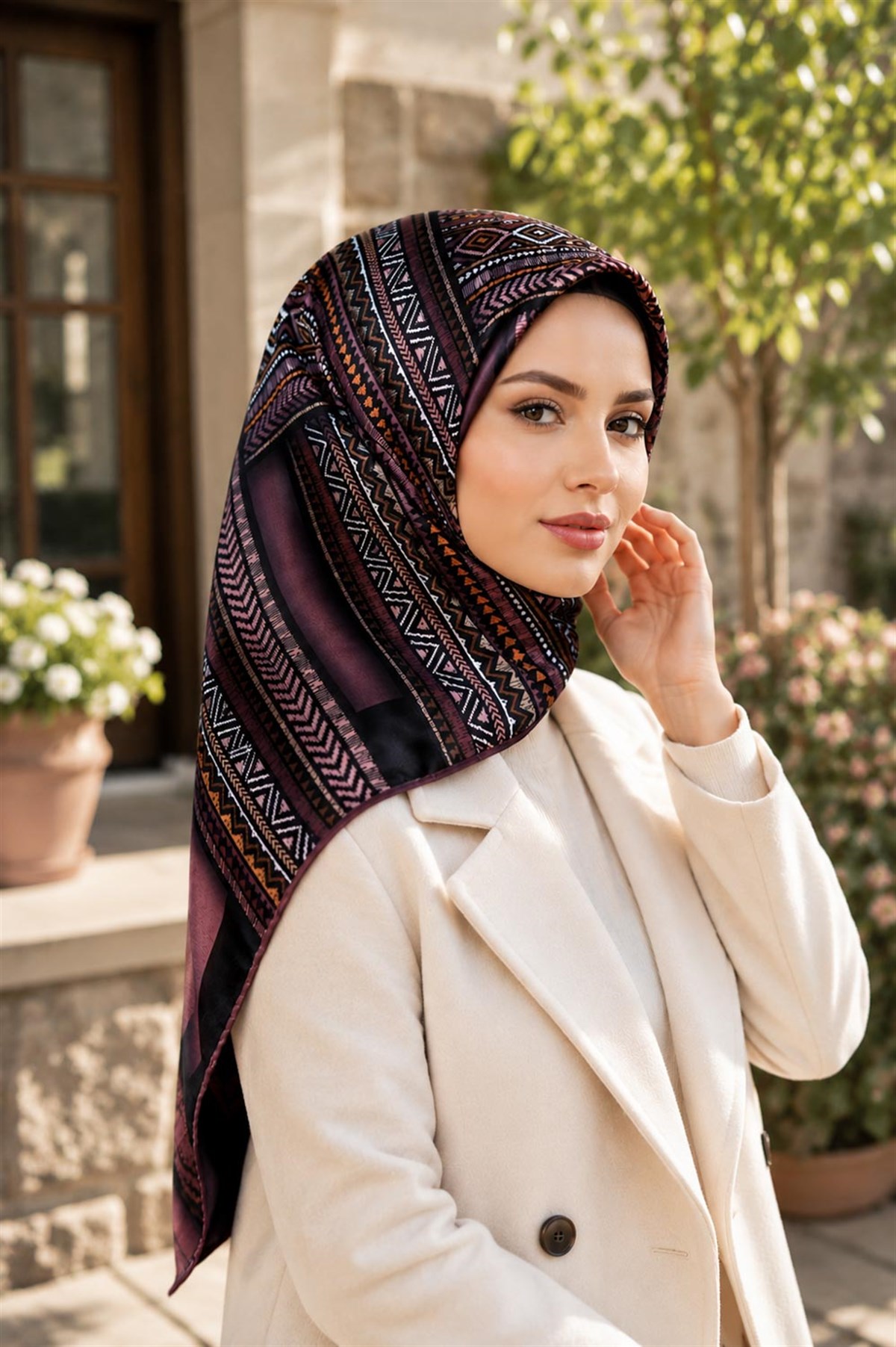 %100 Twill İpek Etnik Desenli Gül Kurusu - Bej Renkli 90x90 Eşarp Dikim Şekli : El Dikişi