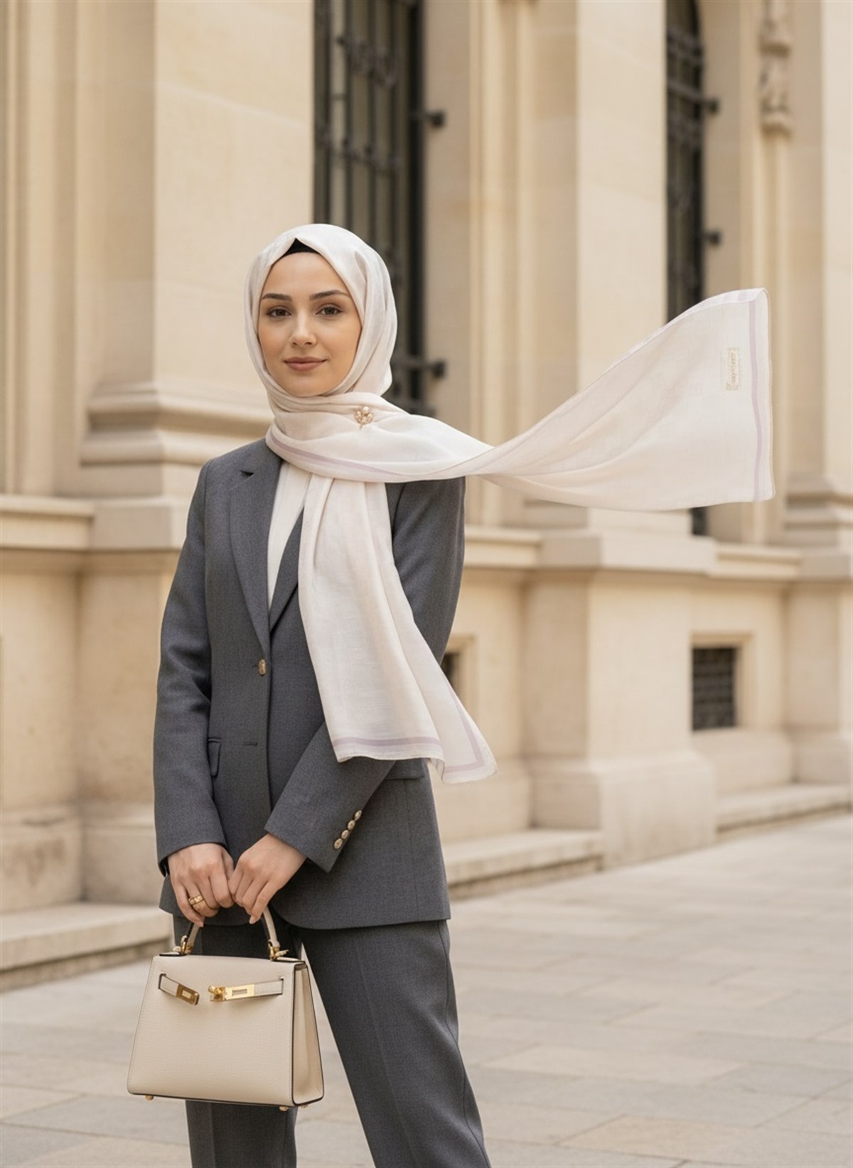%57 İpek %43 Pamuk Monogram Dokumalı Bej-Bej Renkli 70X190 Yumuşak Dökümlü Şal