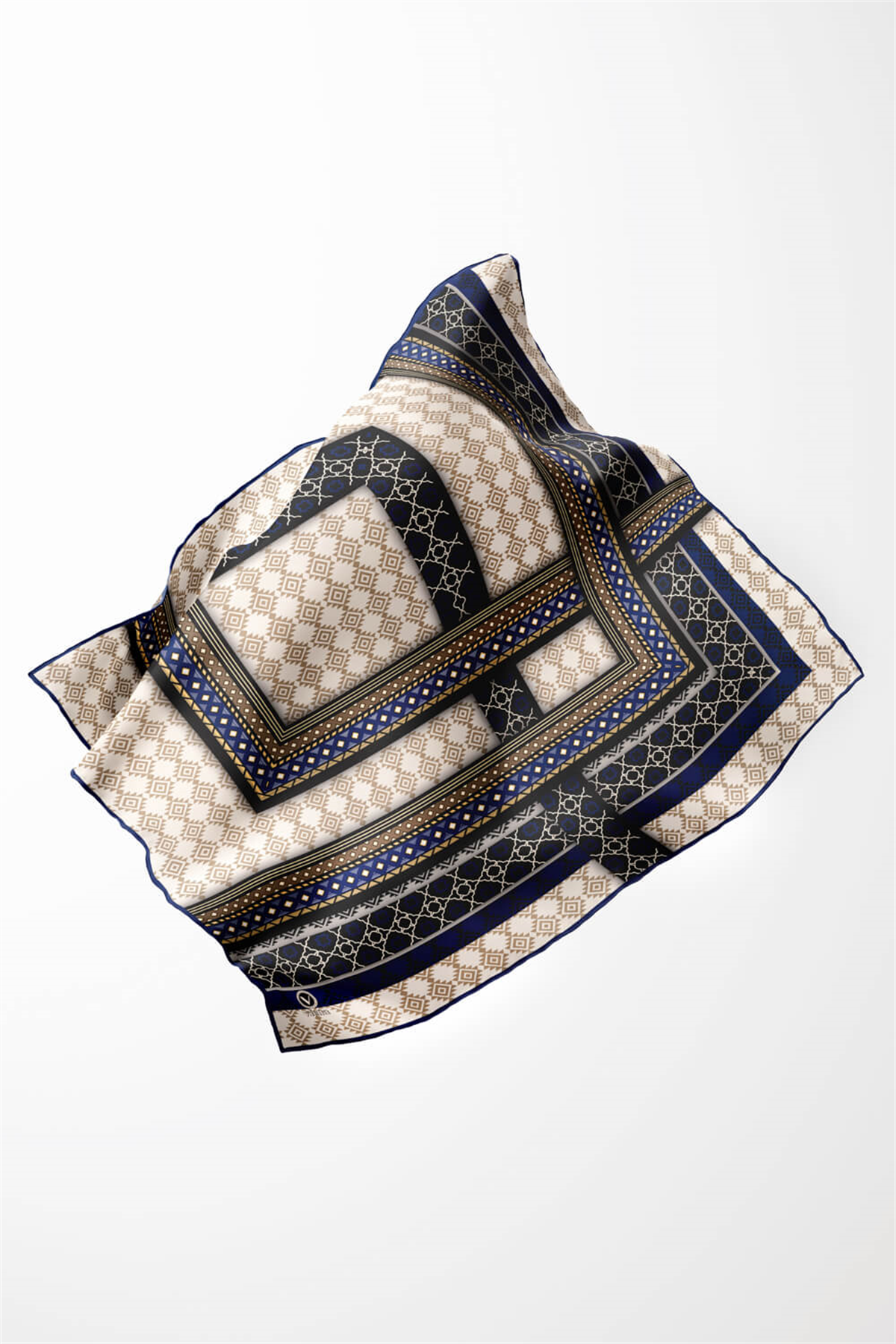 Twill Etnik Desenli Lacivert Renkli 90x90 Eşarp (İpek İçermez) Kenar Dikiş Şekli El Dikişli