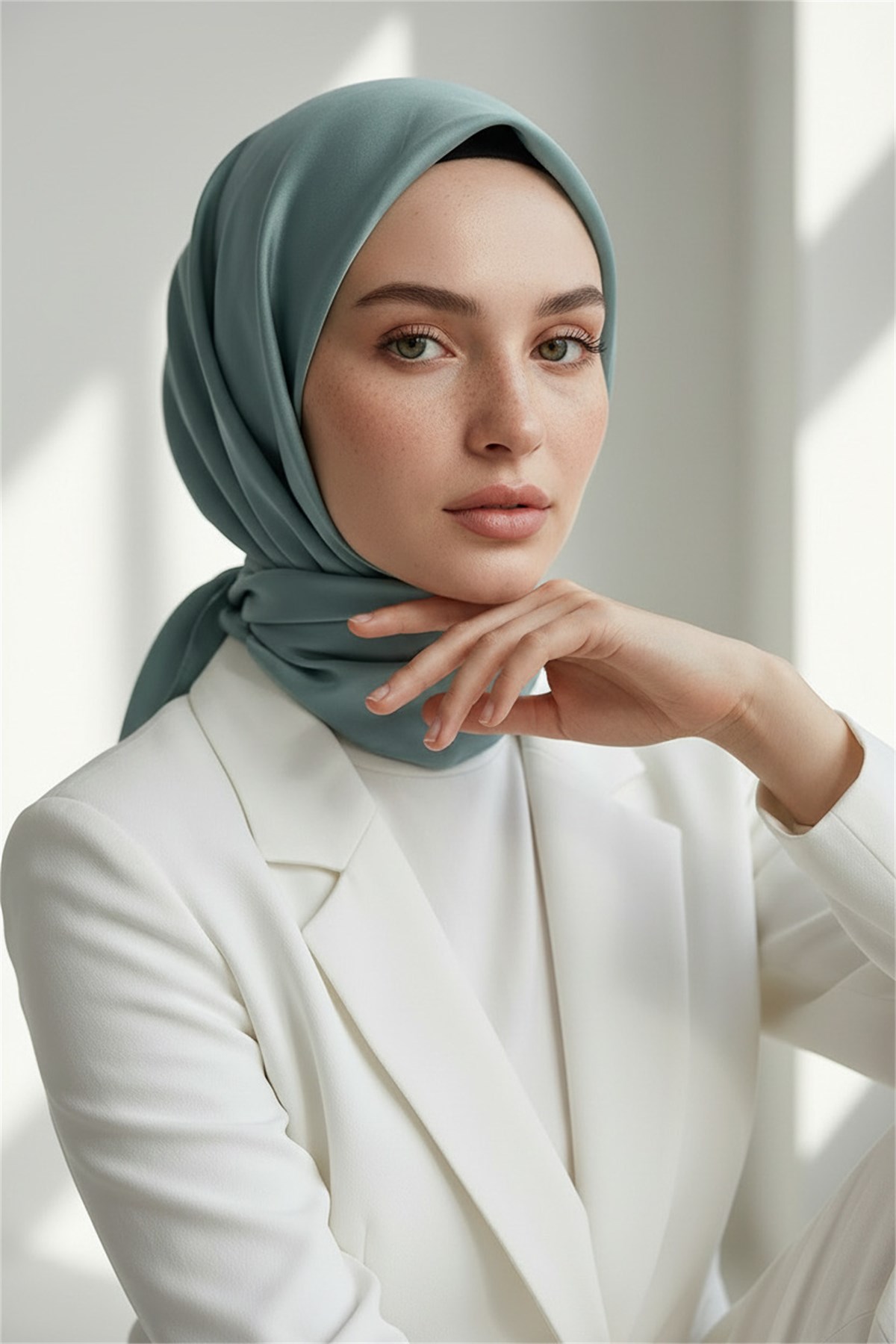 Viskon Twill İpek Eşarp 90x90 Koyu Mint Düz Renk Az Hatalı El Dikişli Kadın Eşarp