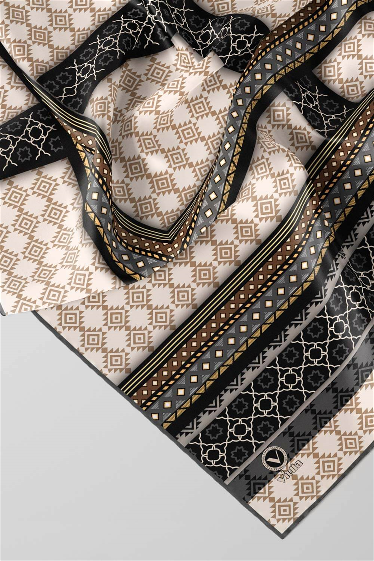 Twill Etnik Desenli Gri Renkli 90x90 Eşarp (İpek İçermez) Kenar Dikiş Şekli El Dikişli
