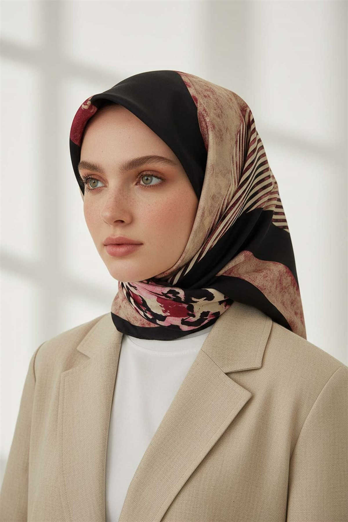 %100 Twill İpek Leopar Ve Geometrik Desenli Bordo Renkli 90x90 Eşarp Dikim Şekli : El Dikişi