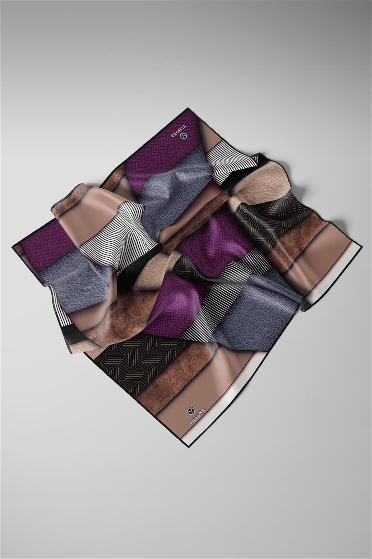 %100 Twill İpek Dokulu ve Geometrik Desenli Mürdüm - Vizon Renkli 90x90 Eşarp Dikim Şekli : El Dikişi