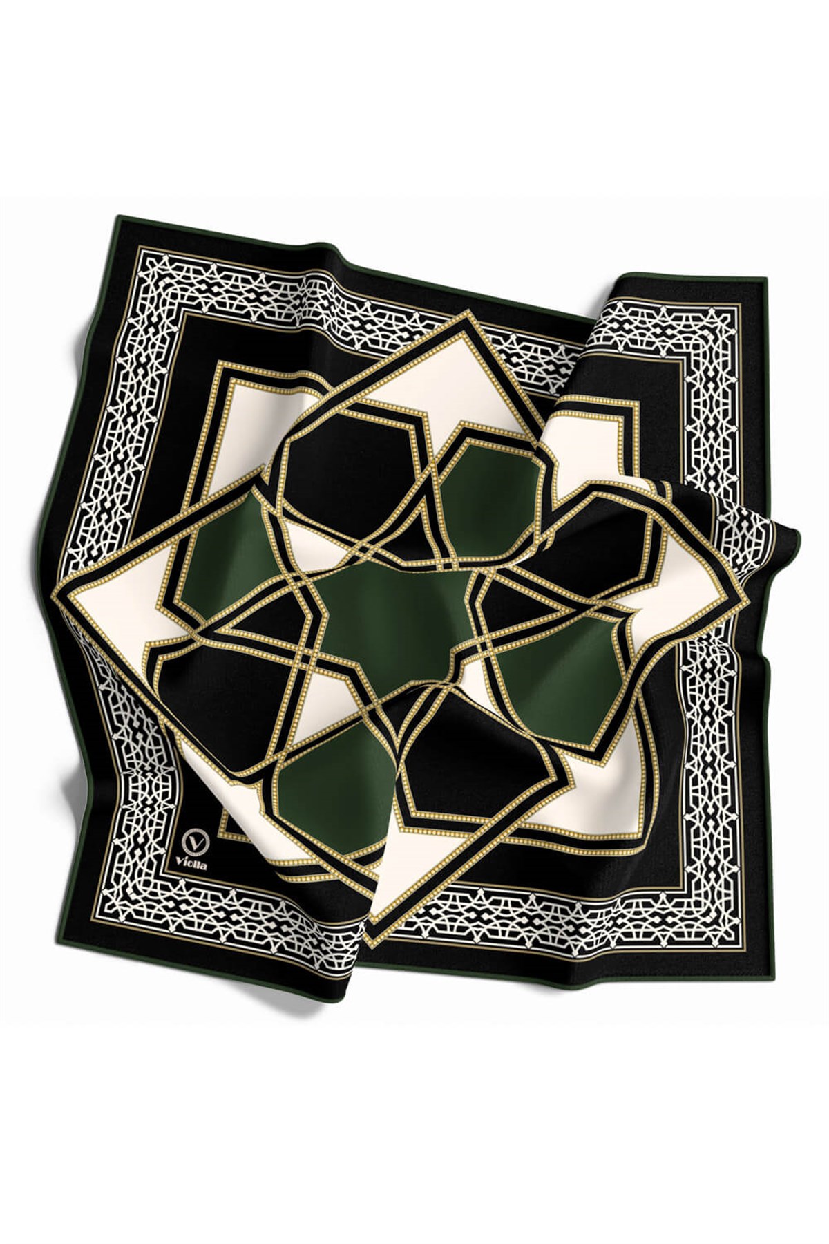 Twill Osmanlı Çini Desenli Zümrüt Yeşili Renkli 90x90 Eşarp (İpek İçermez)Kenar Dikiş Şekli El Dikişli