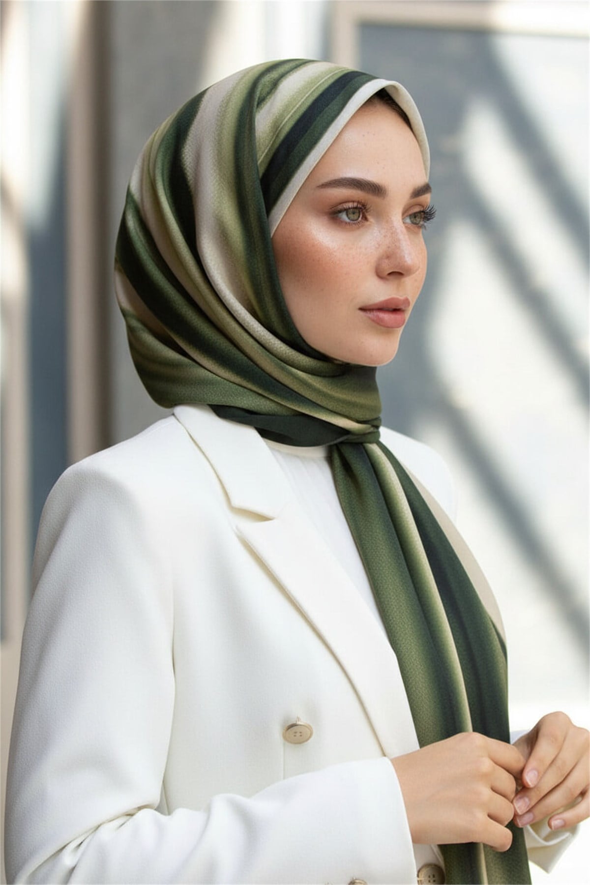 KREP SULU BOYA ÇİZGİLİ DESENLİ ZÜMRÜT YEŞİLİ RENKLİ 75X195 KIRIŞMAZ ŞAL