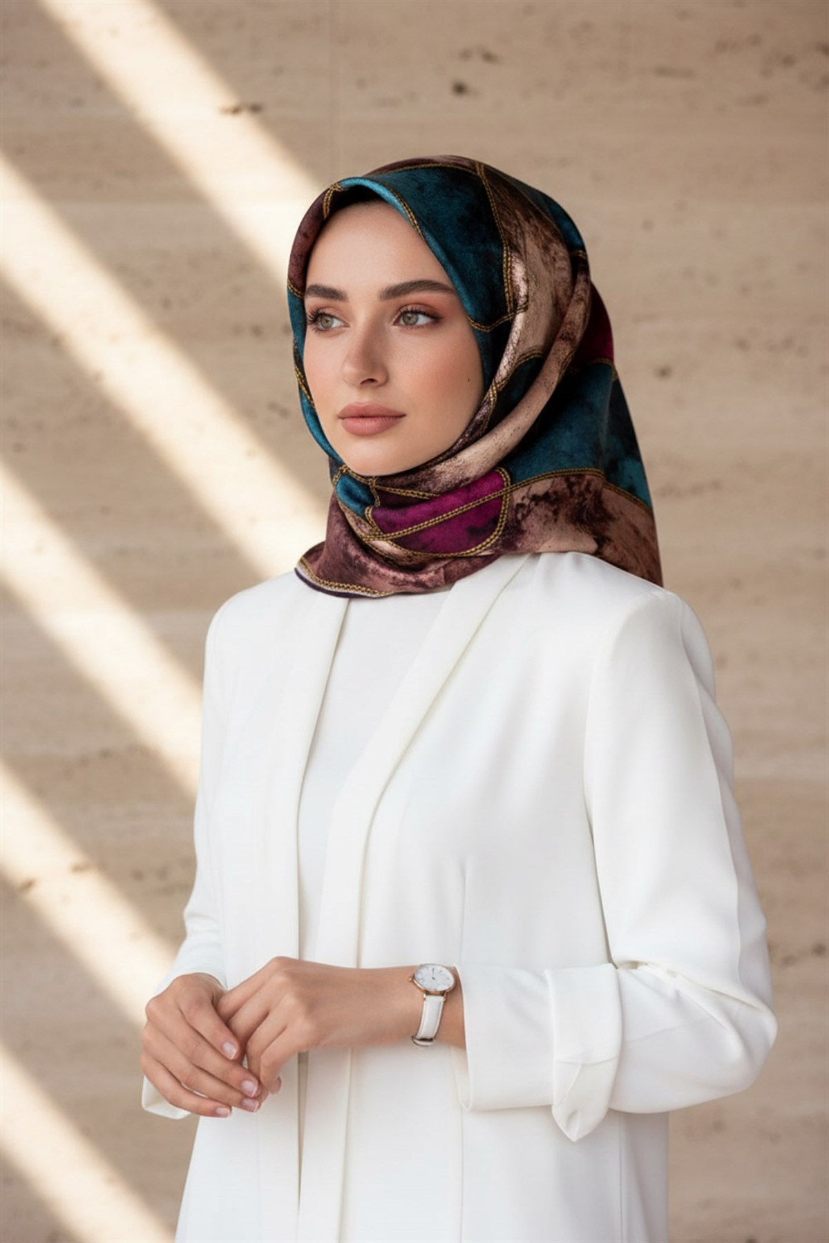 % 57 İPEK % 43 VİSKON Twill İpek Zincirli Mermer Desenli Mürdüm - Petrol Mavisi Renkli 90x90 Eşarp Dikim Şekli : El Dikişi