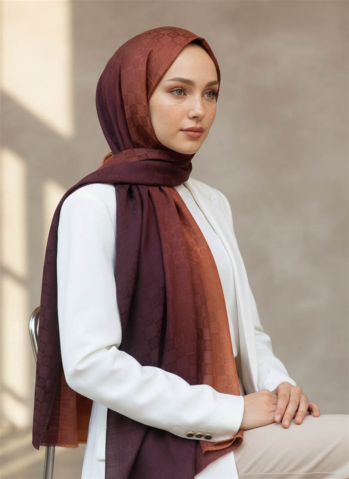 Vissona %57 İPEK %43 PAMUK Degrade Desenli Taba Renkli Şal -  70x190 Dikiş Tipi İtalyan Dikişli