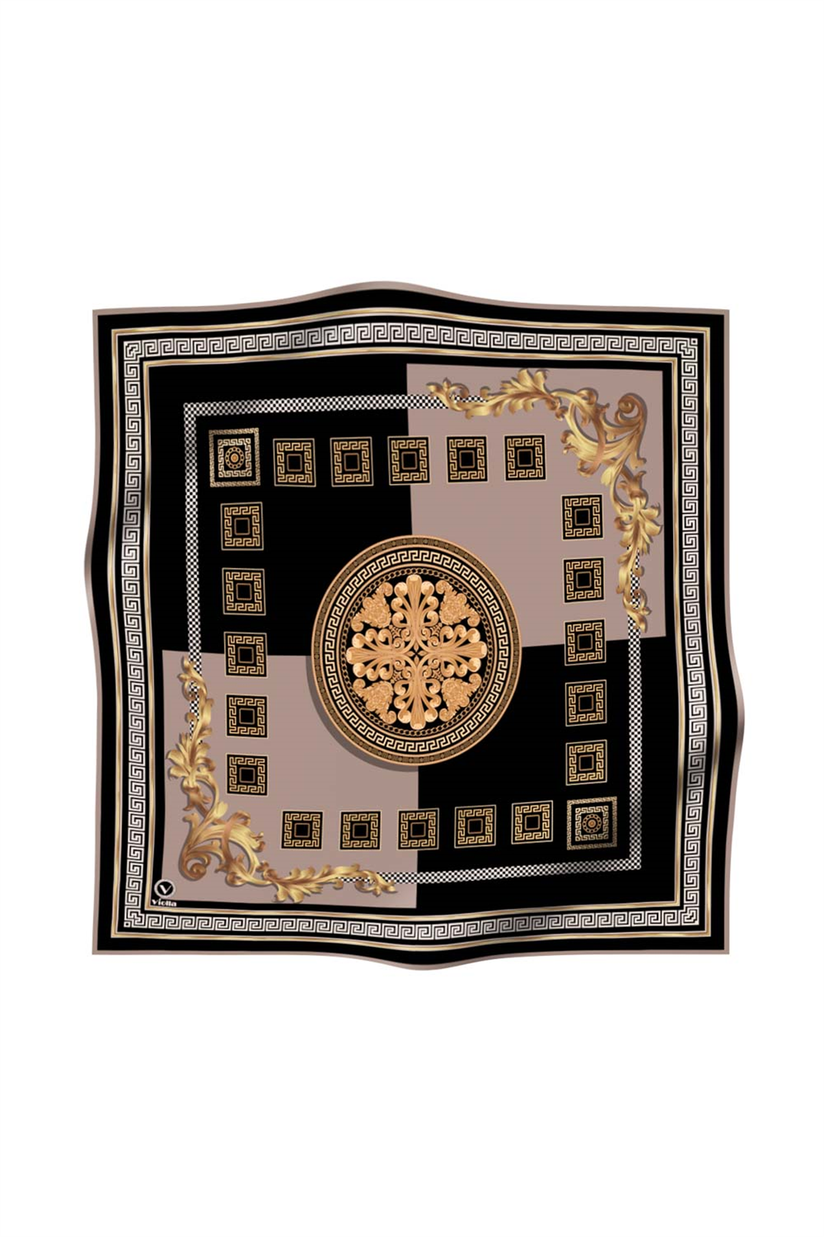 Twill Barok Desenli Bej Renkli 90x90 Eşarp (İpek İçermez) Kenar Dikiş Şekli El Dikişli