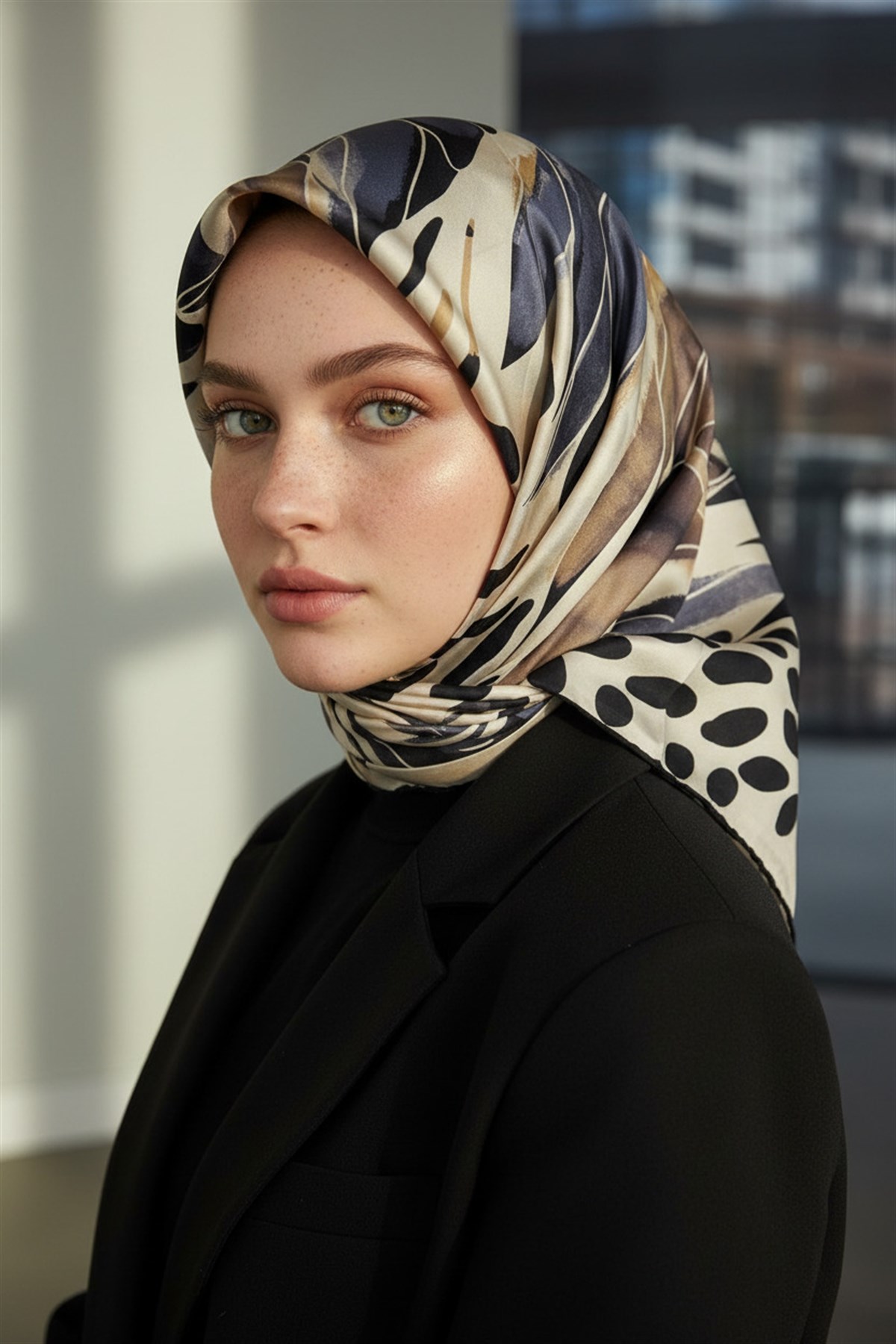 %100 Twill İpek Amazon Desenli Gri- Bej Renkli 90x90 Eşarp Kenar Dikiş Şekli El Dikişli