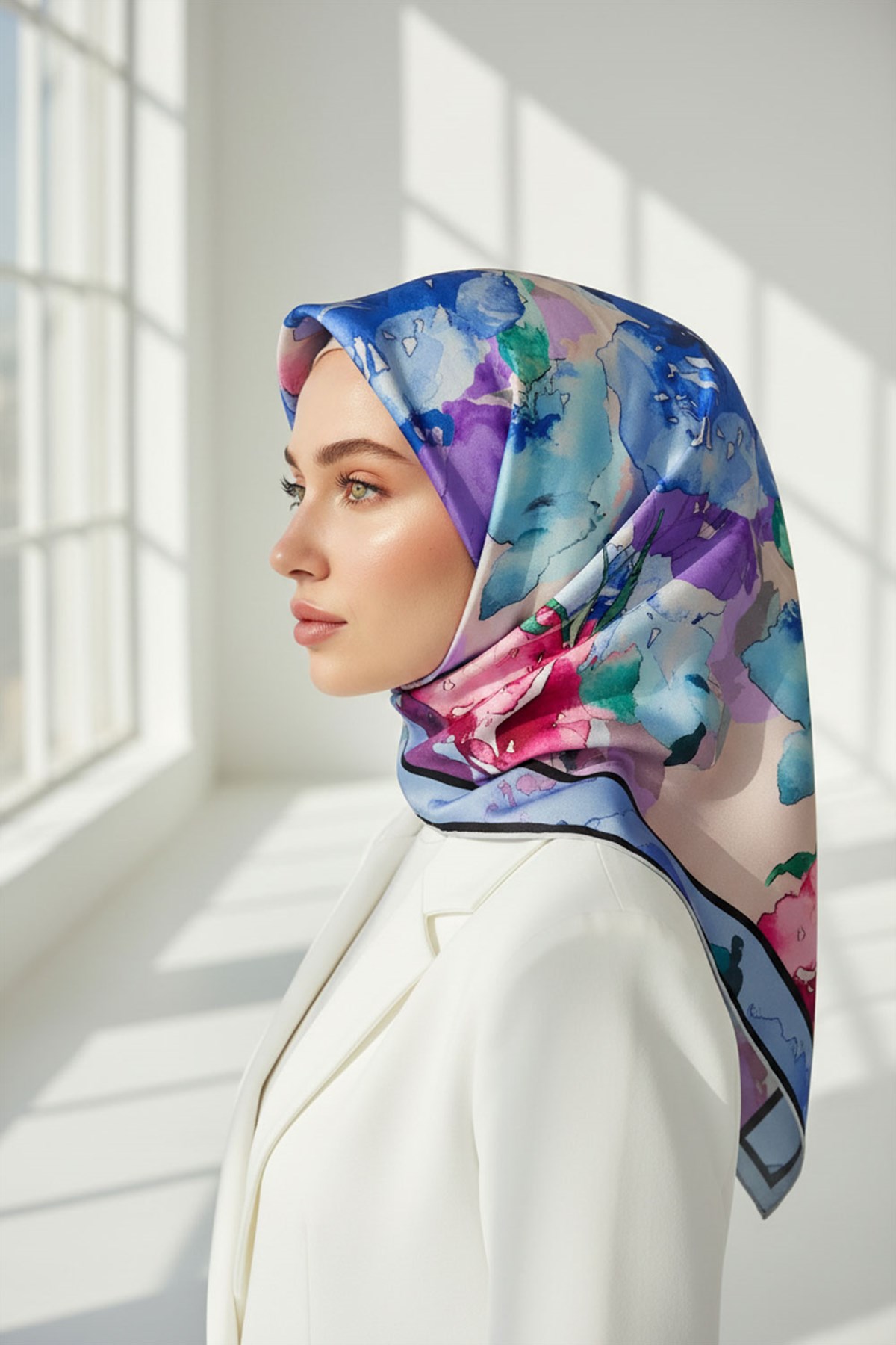 % 57 İPEK % 43 VİSKON Twill İpek Sulu Boyalı Çiçek Desenli Bebe Mavisi - Pembe Renkli 90x90 Eşarp Dikim Şekli : El Dikişi