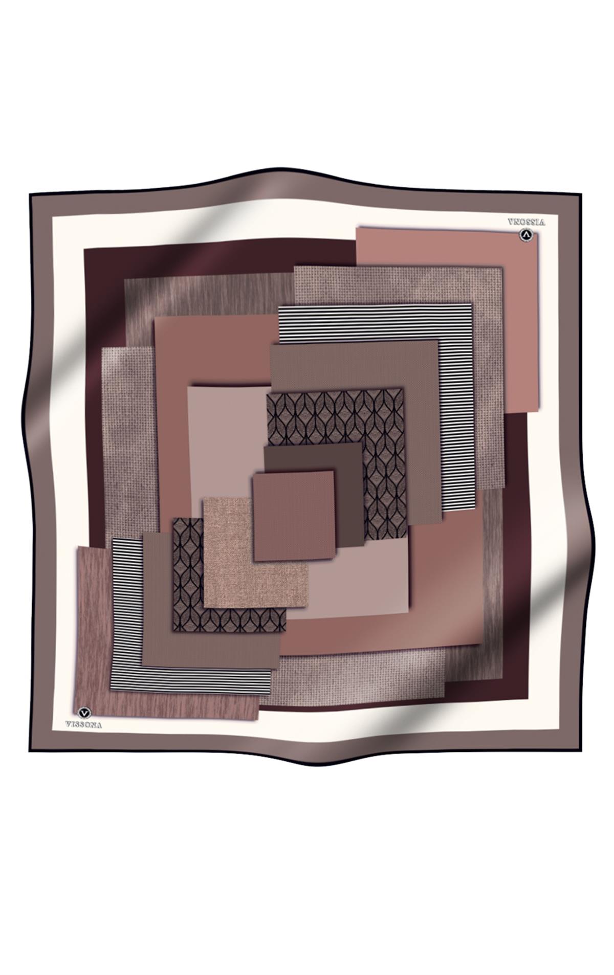 %100 Twill İpek Geometrik Desenli Bakır - Bej Renkli 90x90 Eşarp Dikim Şekli : El Dikişi