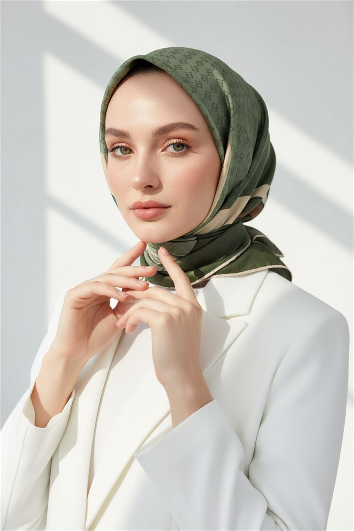 %100 Twill İpek Degrade Desenli Haki - Bej Renkli 90x90 Eşarp Dikim Şekli : El Dikişi
