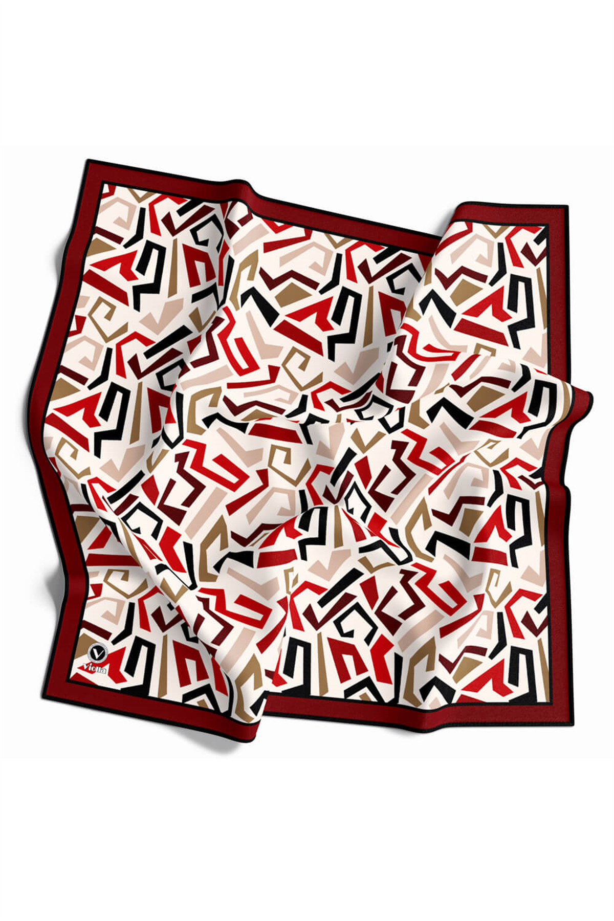 Twill Geometrik Desenli Bordo Renkli 90x90 Eşarp (İpek İçermez) Kenar Dikiş Şekli El Dikişli
