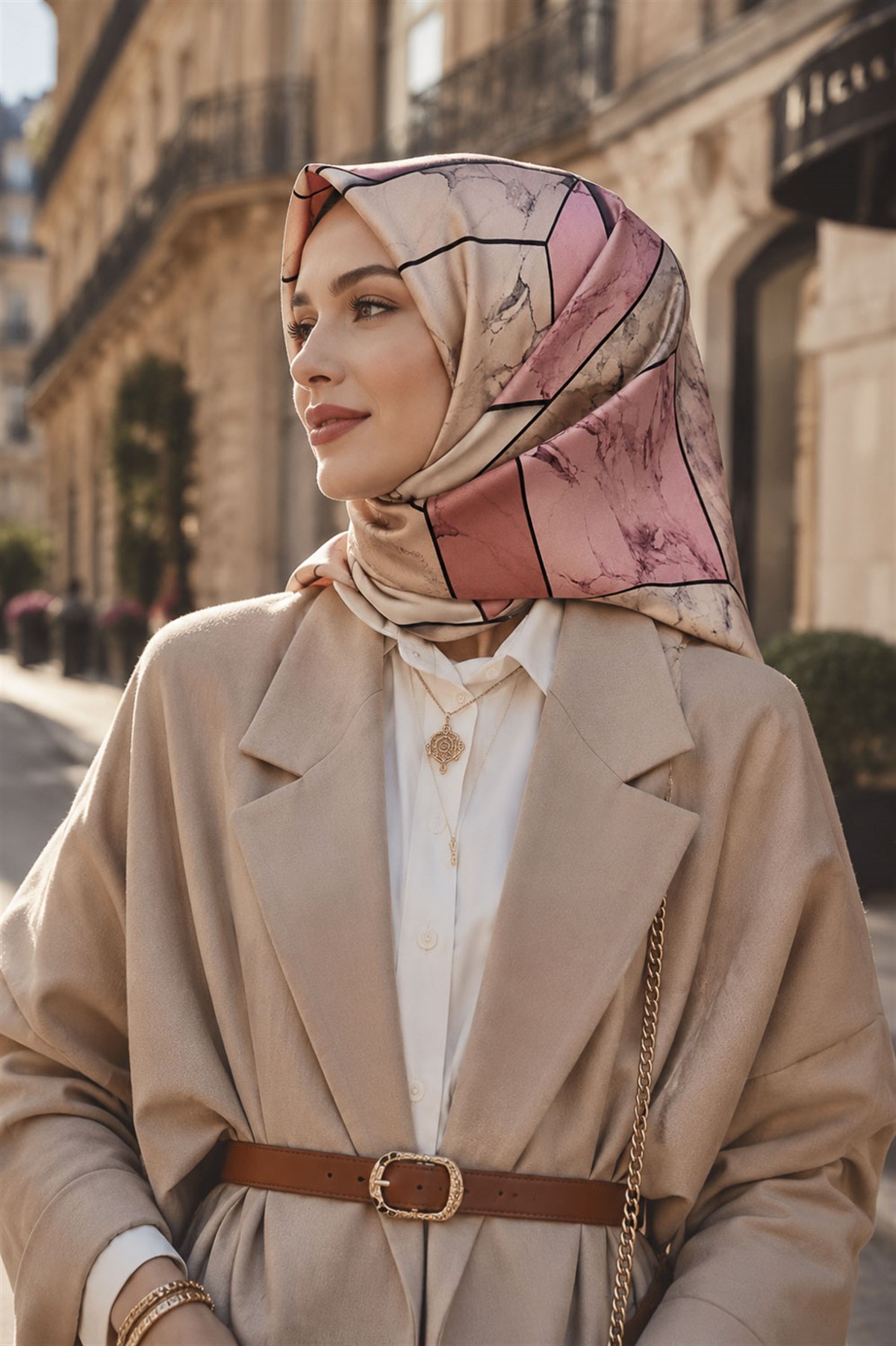 %100 Twill İpek Mermer Desenli Somon - Pudra Renkli 90x90 Eşarp Dikim Şekli : El Dikişi