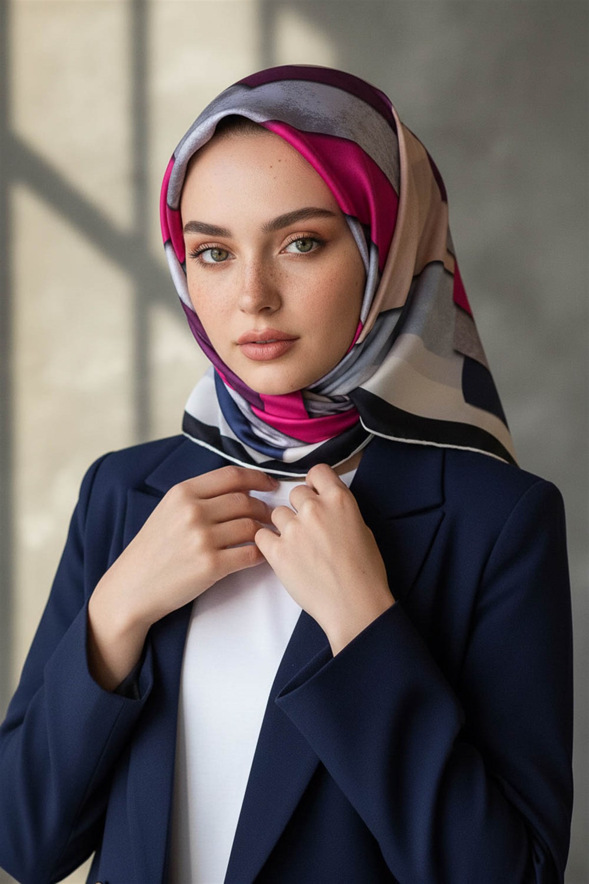 % 57 İPEK % 43 VİSKON Twill Geometrik Bulut  Desenli Mürdüm Fuşya Renkli 90x90 Eşarp Dikim Şekli: El Dikişi