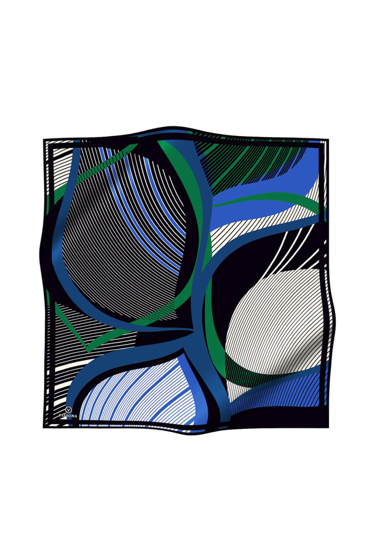 %100 Twill İpek Çizgili Geometrik Desenli Siyah - Saks Renkli 90x90 Eşarp Dikim Şekli : El Dikişi