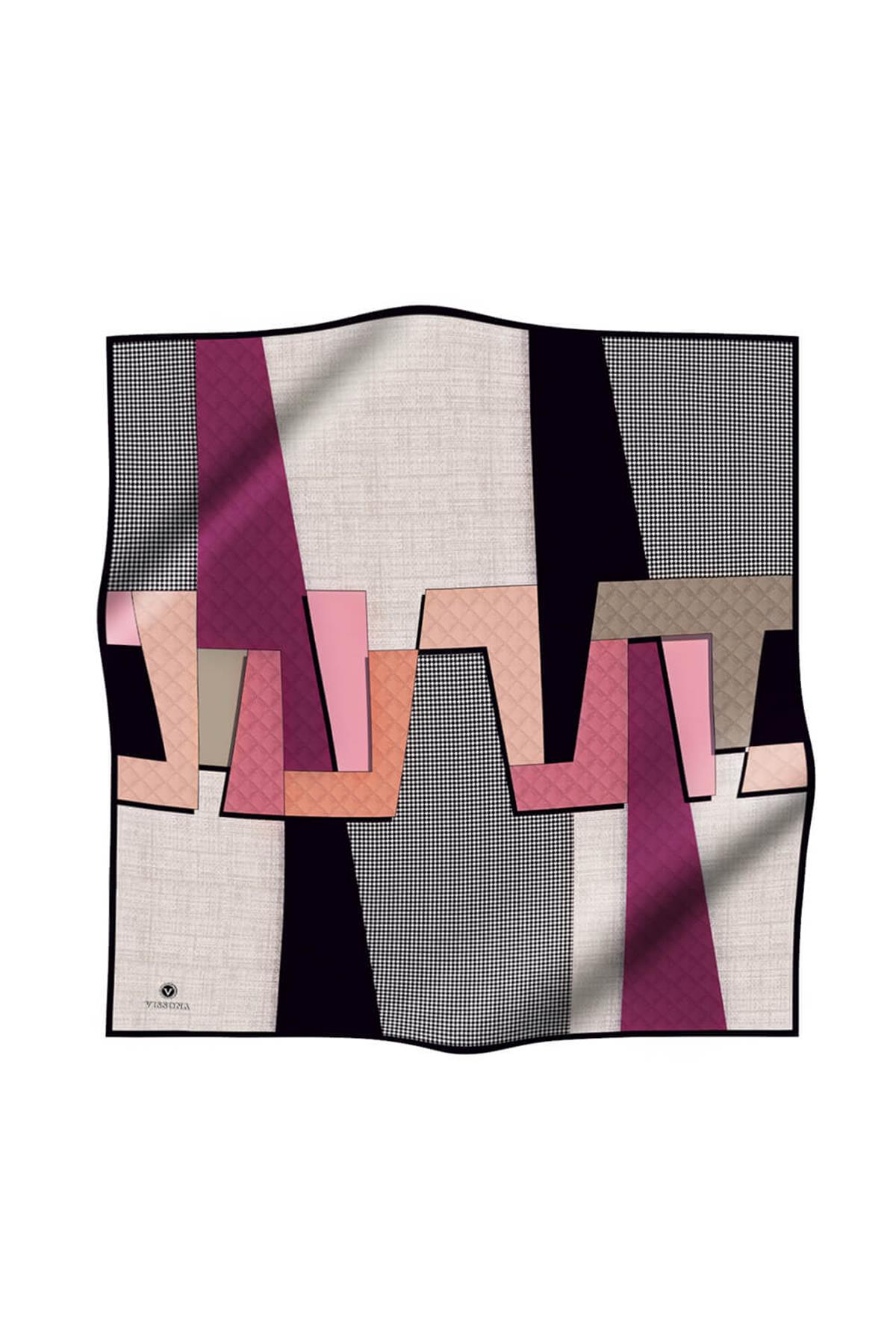 %100 Twill İpek Kazayaklı Ve Geometrik Desenli Mürdüm - Krem Renkli 90x90 Eşarp Dikim Şekli : El Dikişi