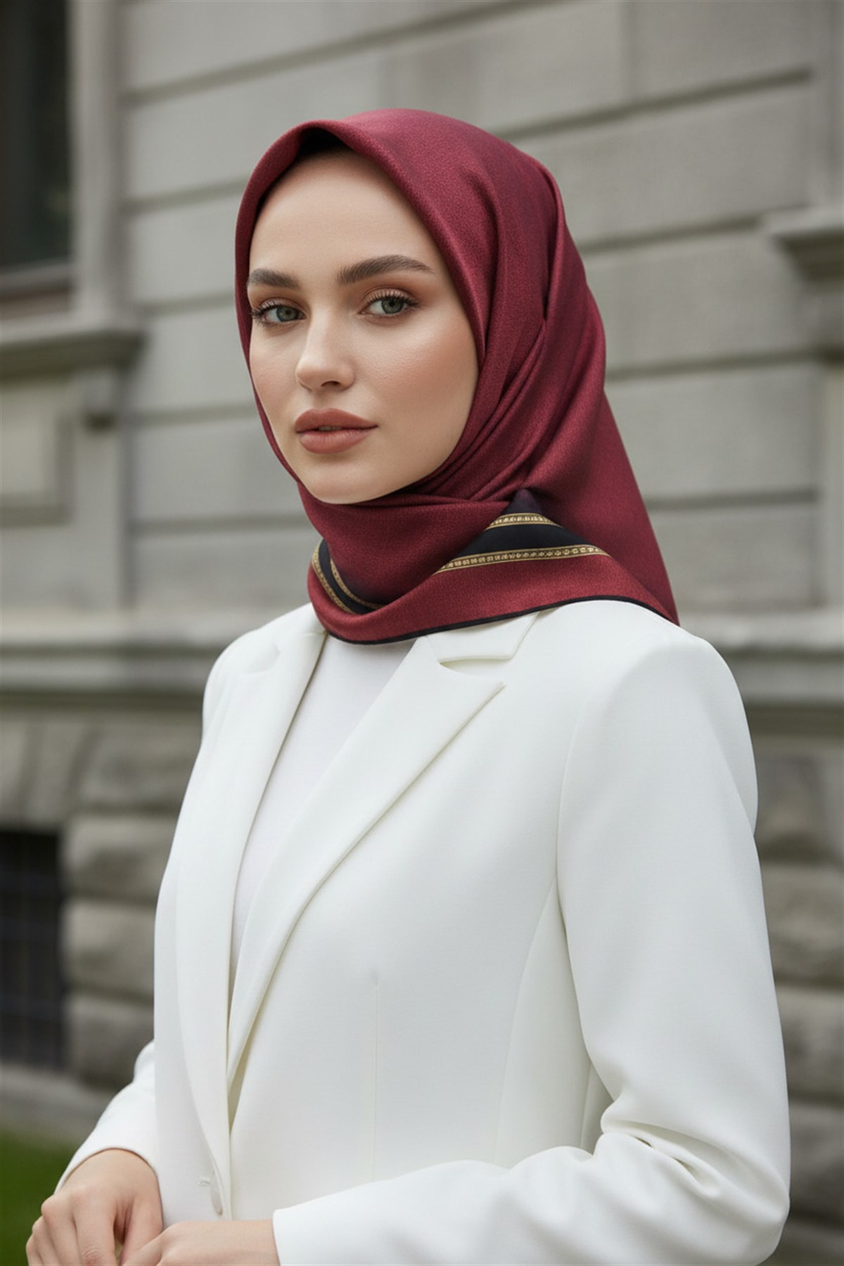 % 57 İPEK % 43 VİSKON Twill İpek Dokulu Şerit Desenli Siyah - Bordo Renkli 90x90 Eşarp Dikim Şekli : El Dikişi