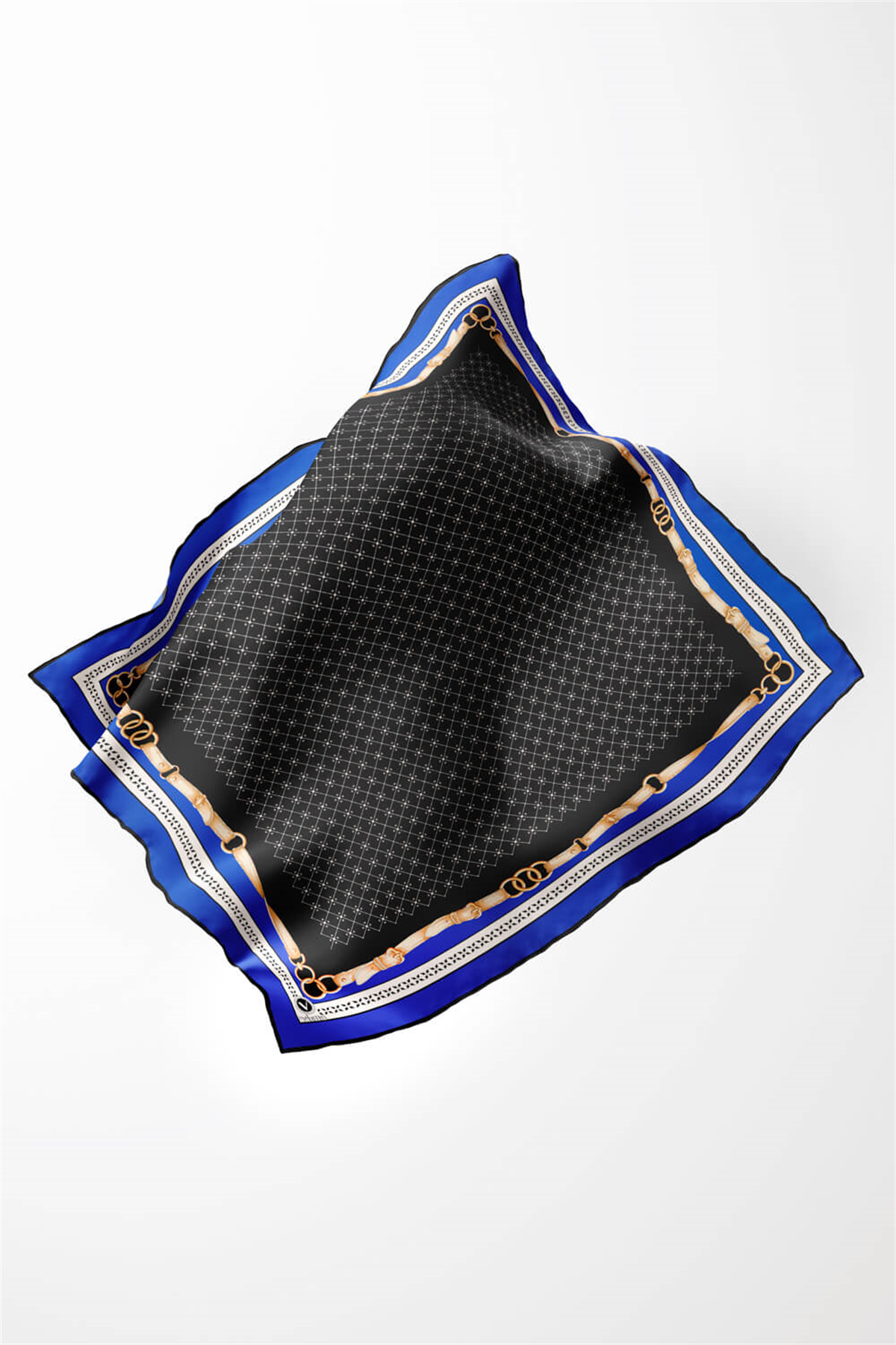 Twill Kemerli ve Çıtır Motifli Desenli Saks Renkli 90x90 Eşarp (İpek İçermez) Dikim Şekli : El Dikişi