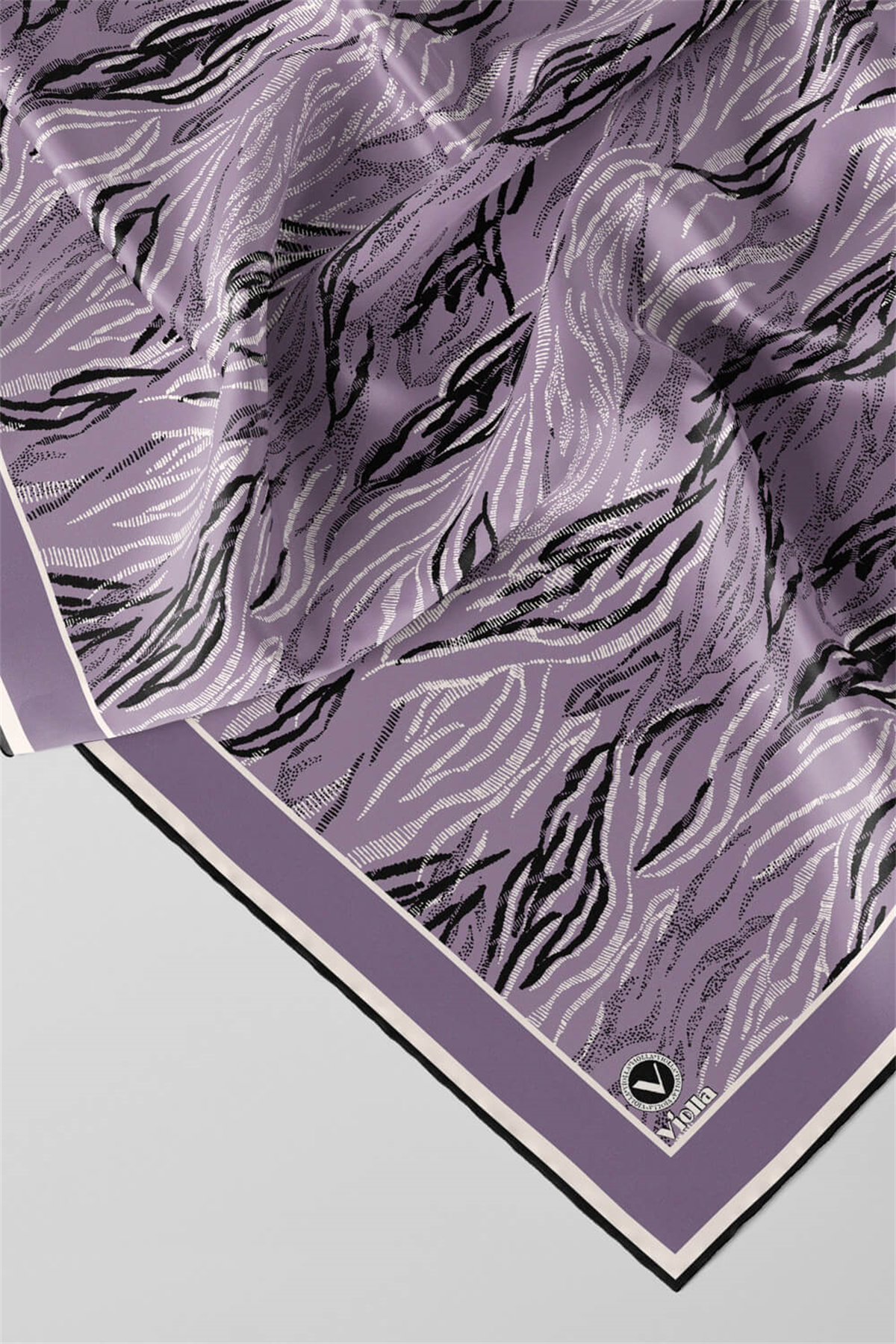 Twill Soyut Çizgi Desenli Lila Renkli 90x90 Eşarp (İpek İçermez) Kenar Dikiş Şekli El Dikişli
