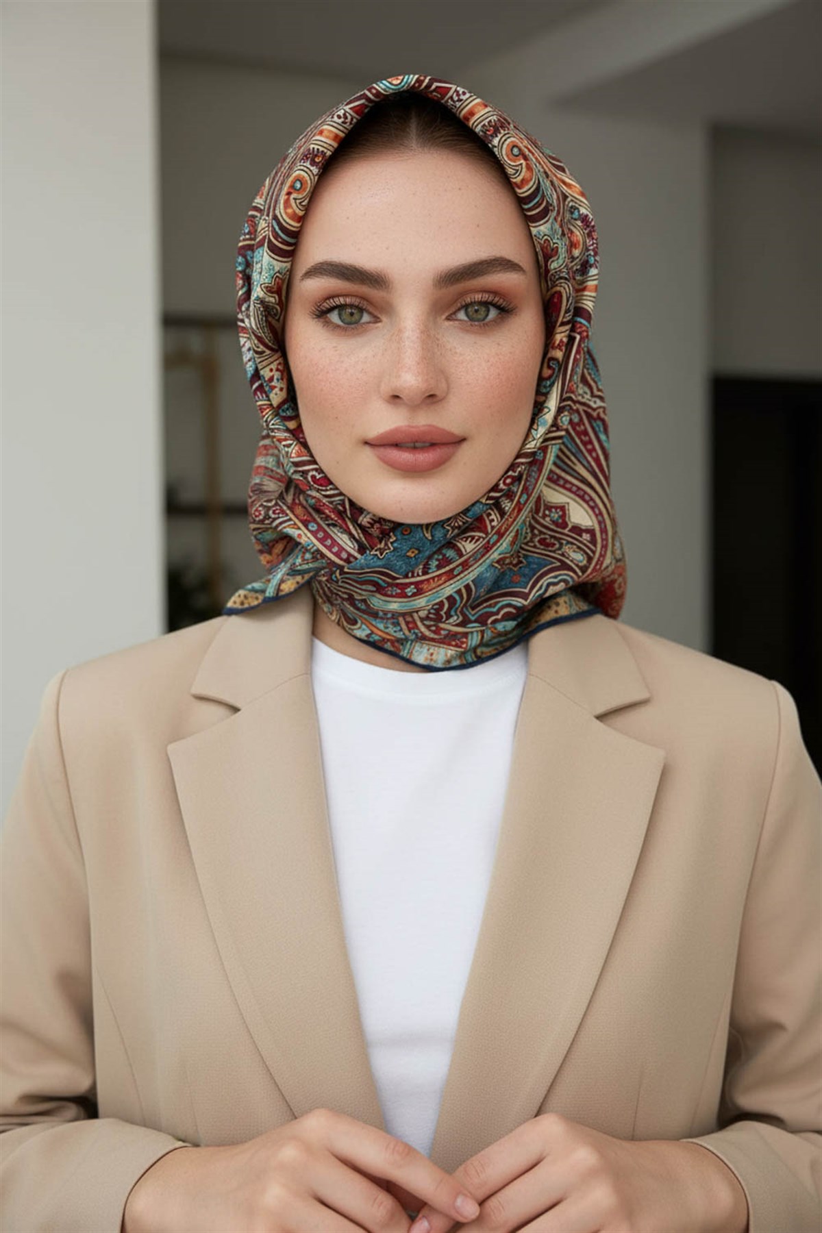 100% Twill İpek Etnik Desenli Lacivert Renkli 90x90 Dikim Şekli : El Dikişi Eşarp